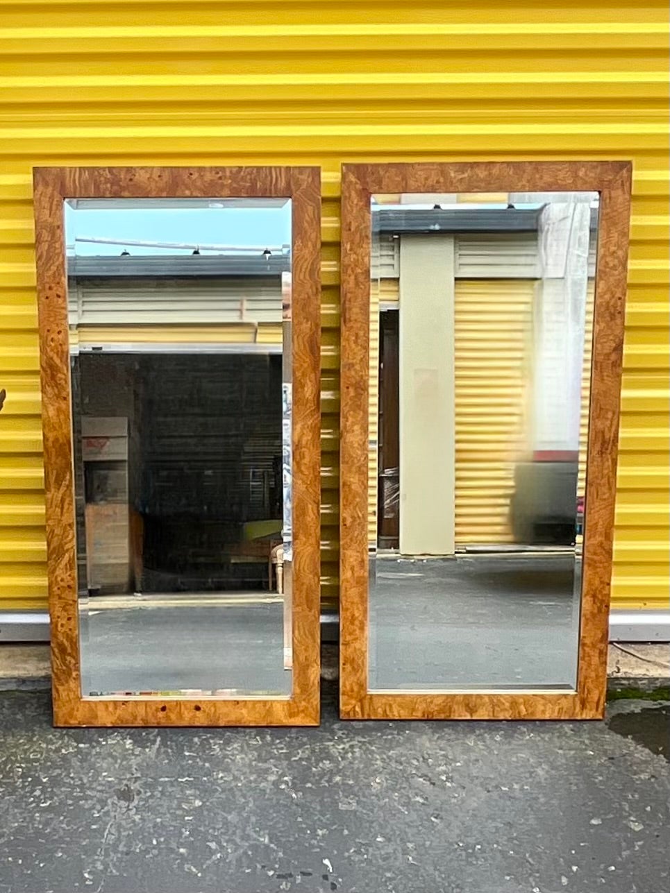 American 1970s Milo Baughman Inspired Modern Burlwood Wall Mirrors - Pair