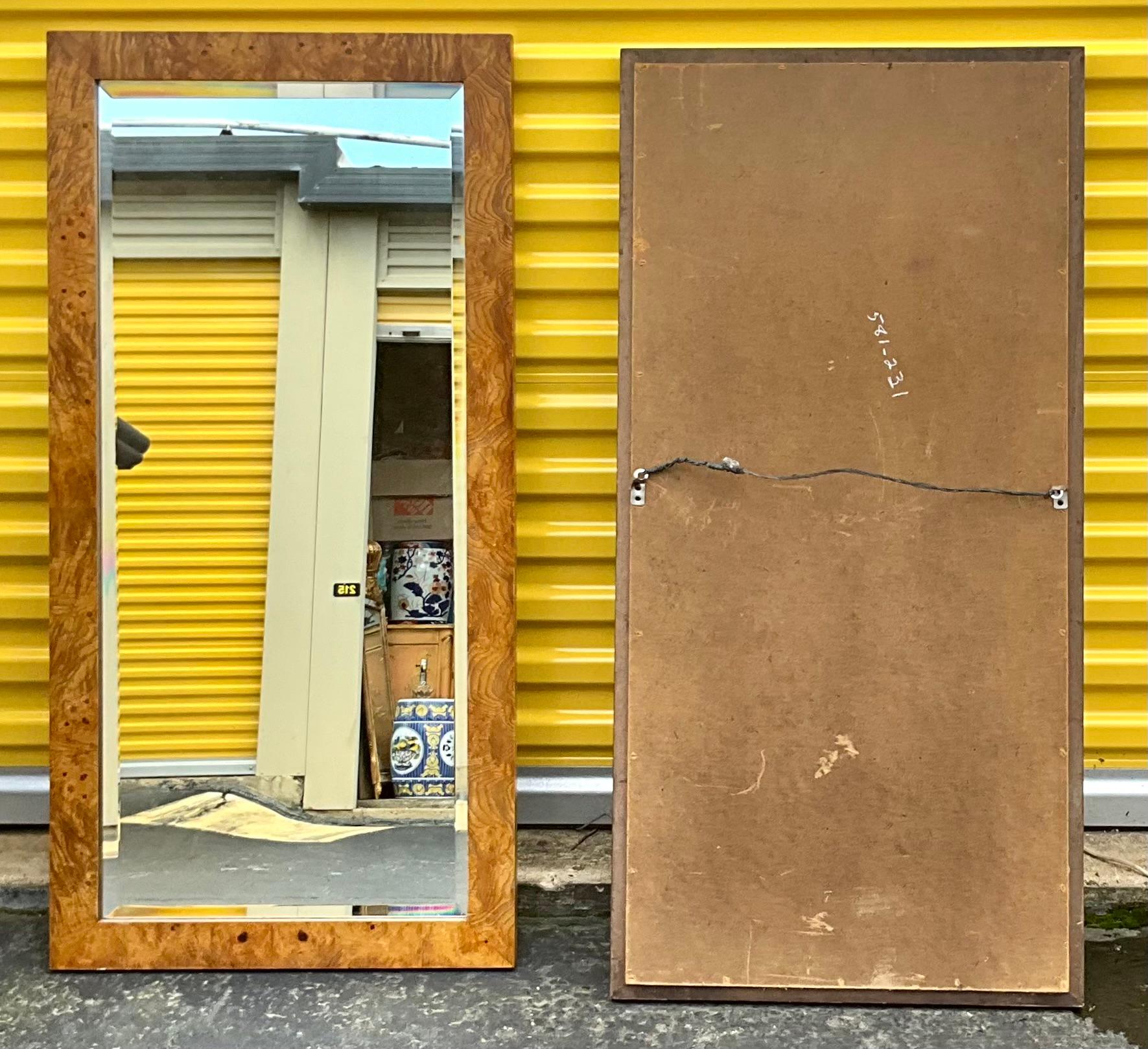 1970s Milo Baughman Inspired Modern Burlwood Wall Mirrors - Pair In Good Condition In Kennesaw, GA