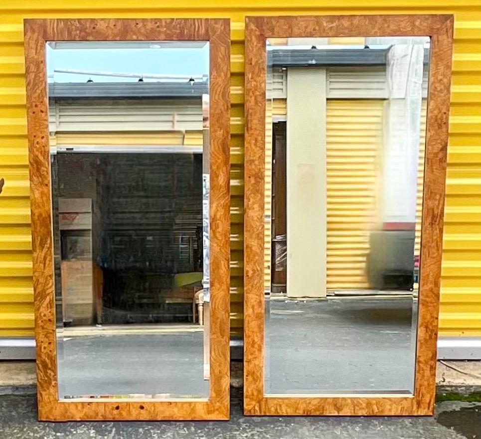 20th Century 1970s Milo Baughman Inspired Modern Burlwood Wall Mirrors - Pair