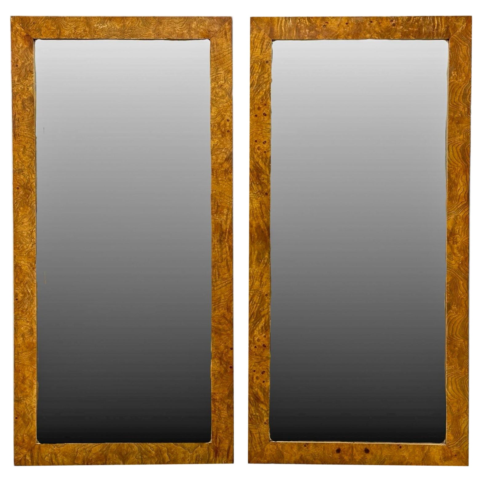 1970s Milo Baughman Inspired Modern Burlwood Wall Mirrors - Pair