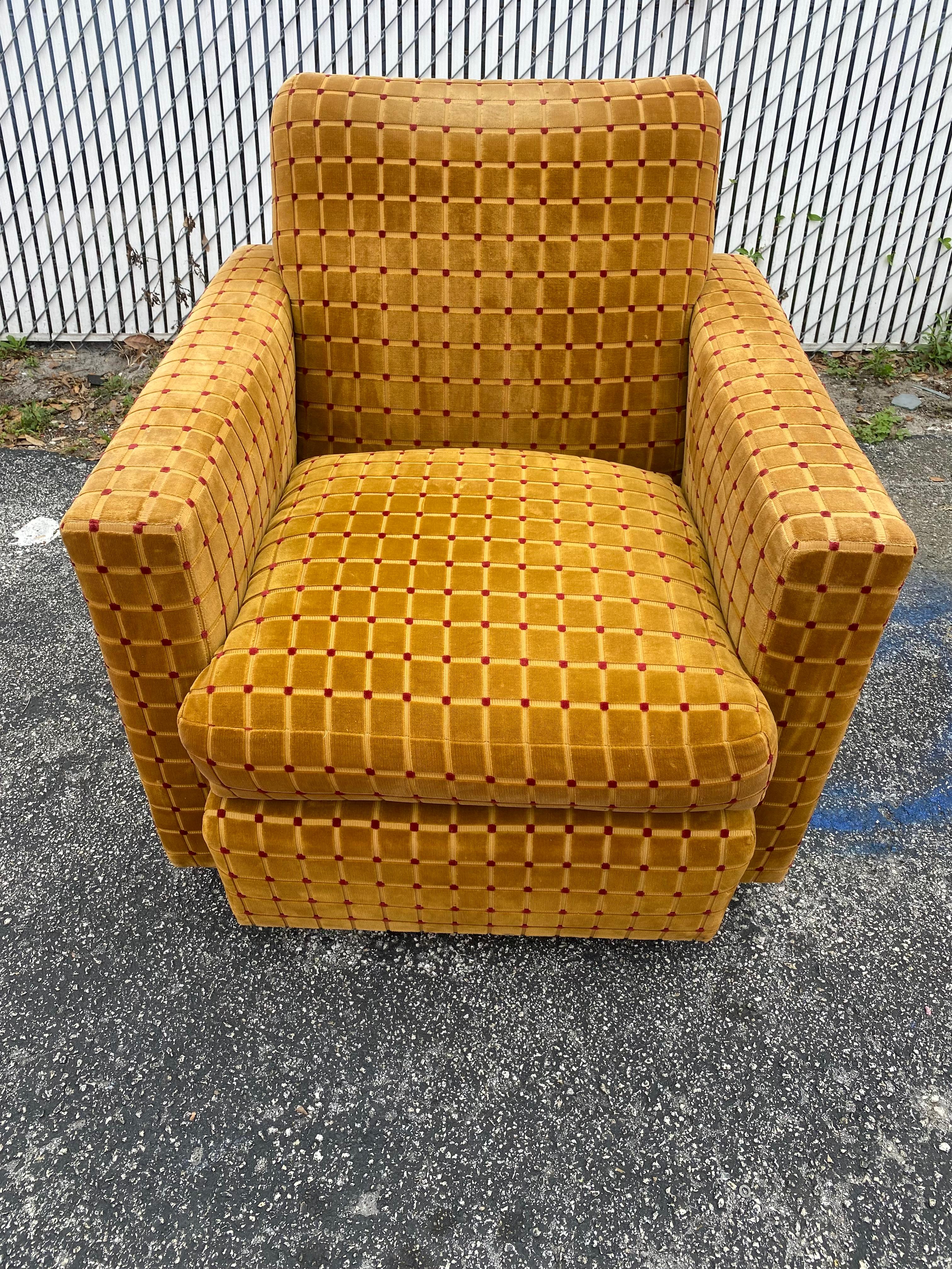 1970s Milo Baughman Jack Larsen Velvet Cut Mustard Gold Swivel Chairs, Set of 2 For Sale 3