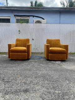 1970s Milo Baughman Jack Larsen Velvet Cut Mustard Gold Swivel Chairs, Set of 2