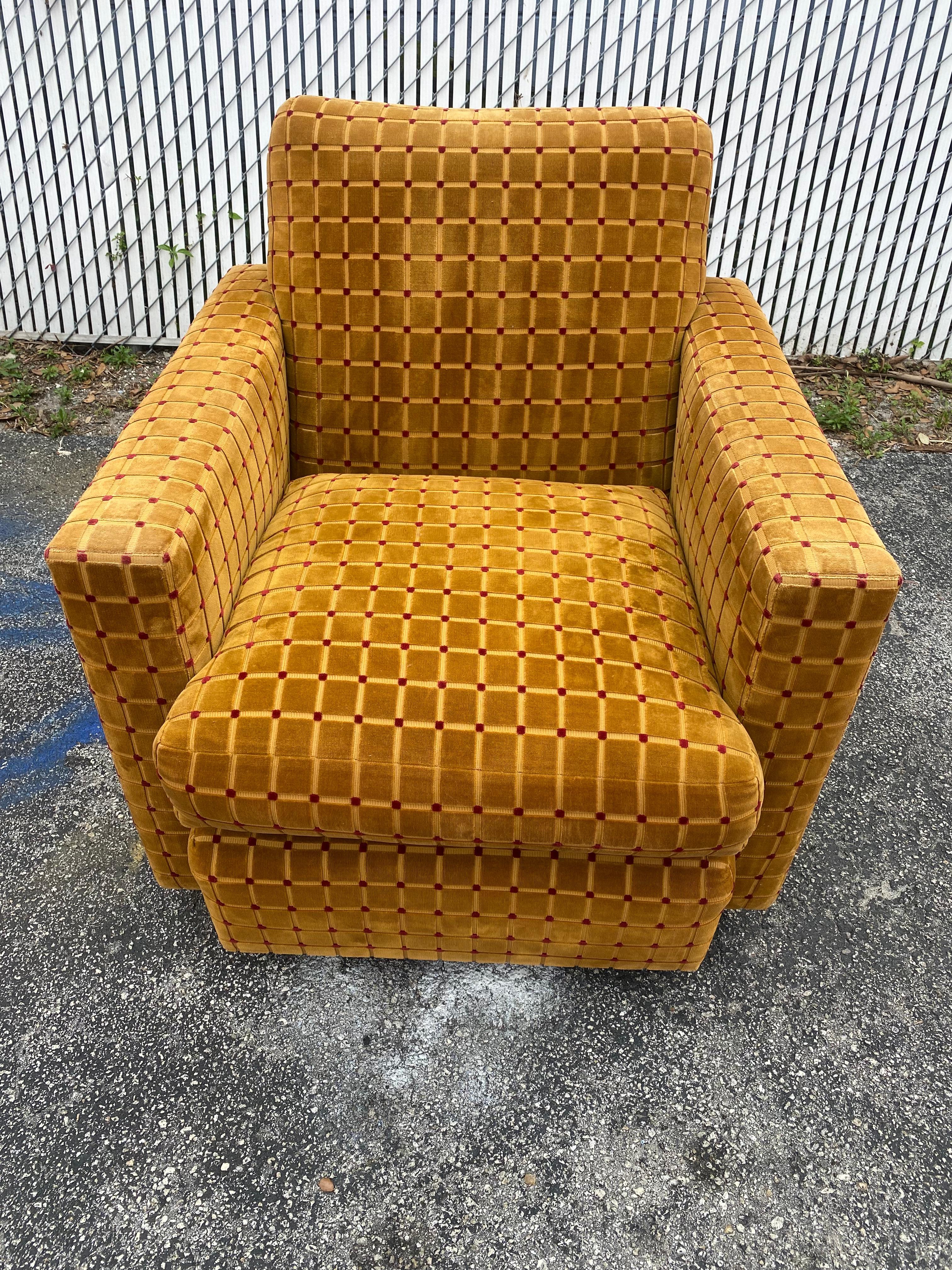 1970s Milo Baughman Jack Larsen Velvet Cut Mustard Gold Swivel Chairs, Set of 2 For Sale 2