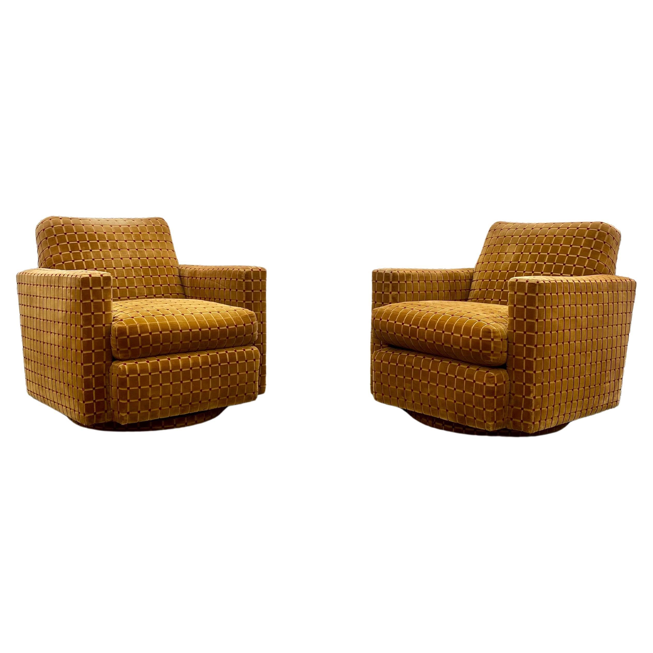 1970s Milo Baughman Jack Larsen Velvet Cut Mustard Gold Swivel Chairs, Set of 2 For Sale