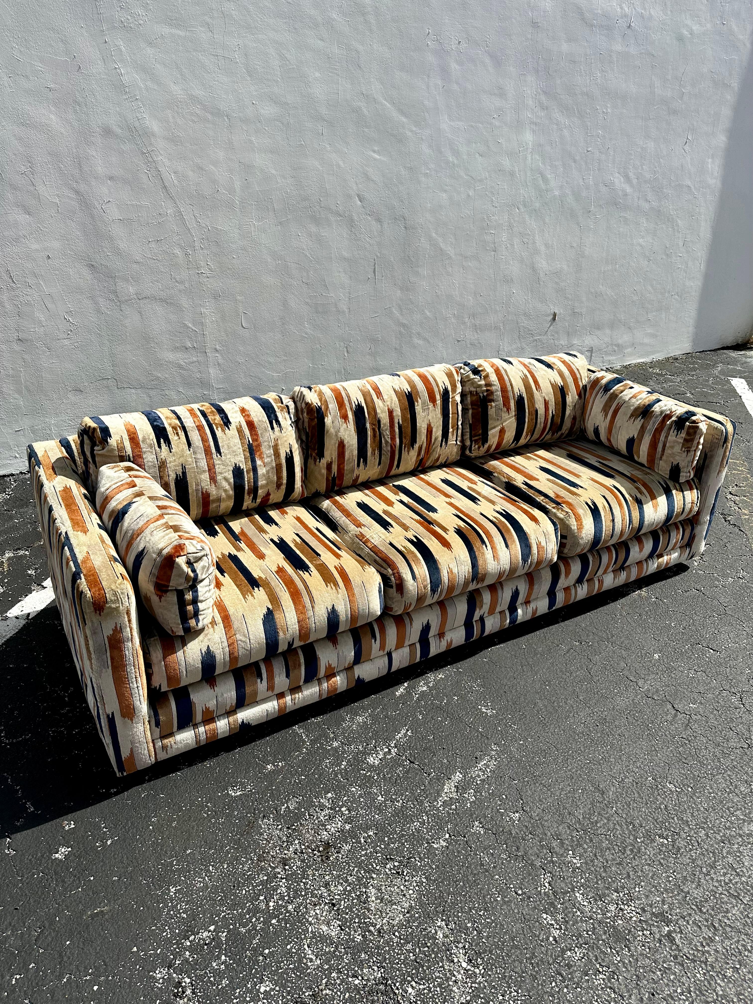 North American 1970s Milo Baughman Jack Lenor Larsen Navy Biege Velvet Tuxedo Sofas, Set of 2