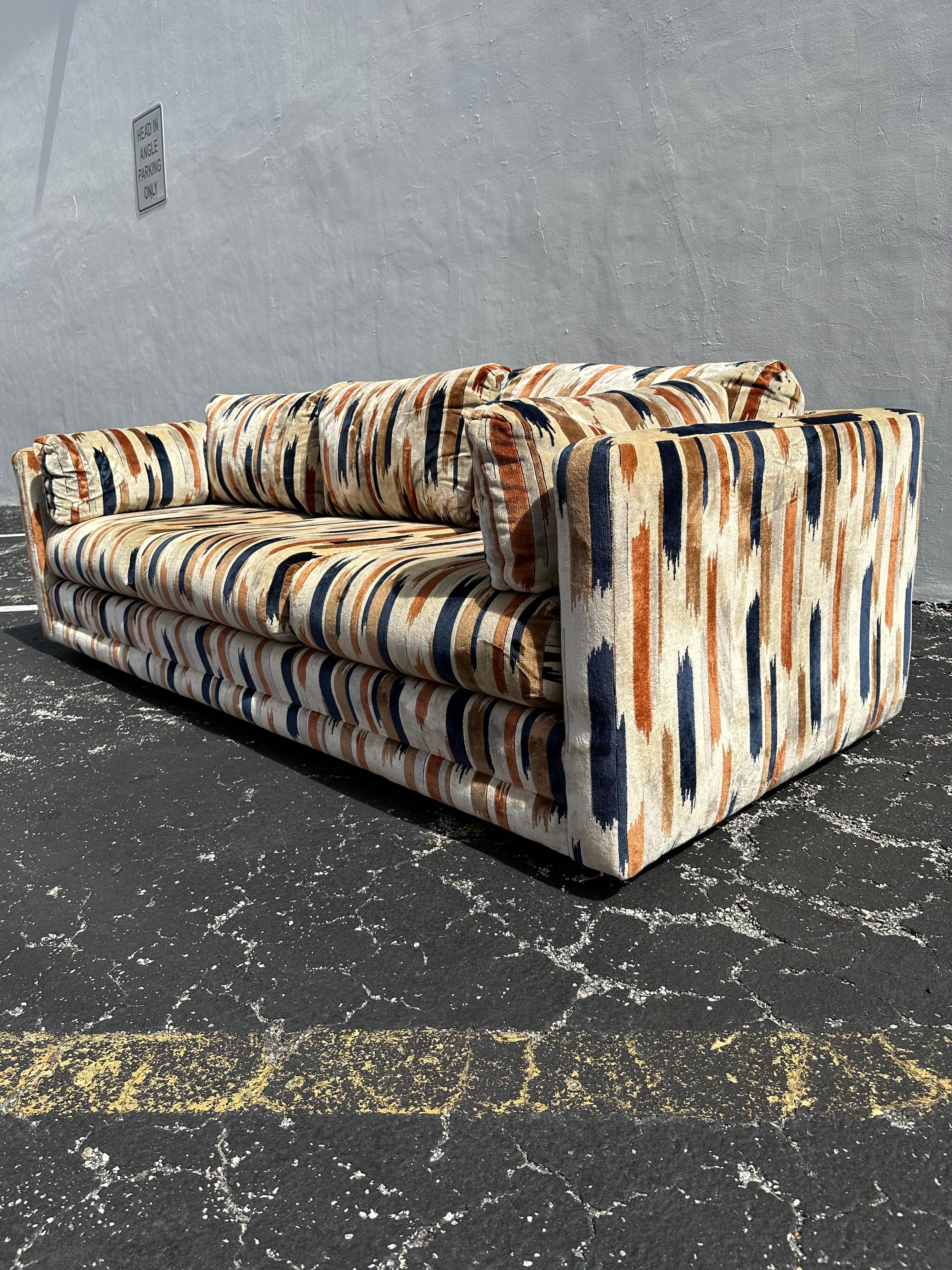 1970s Milo Baughman Jack Lenor Larsen Navy Biege Velvet Tuxedo Sofas, Set of 2 1