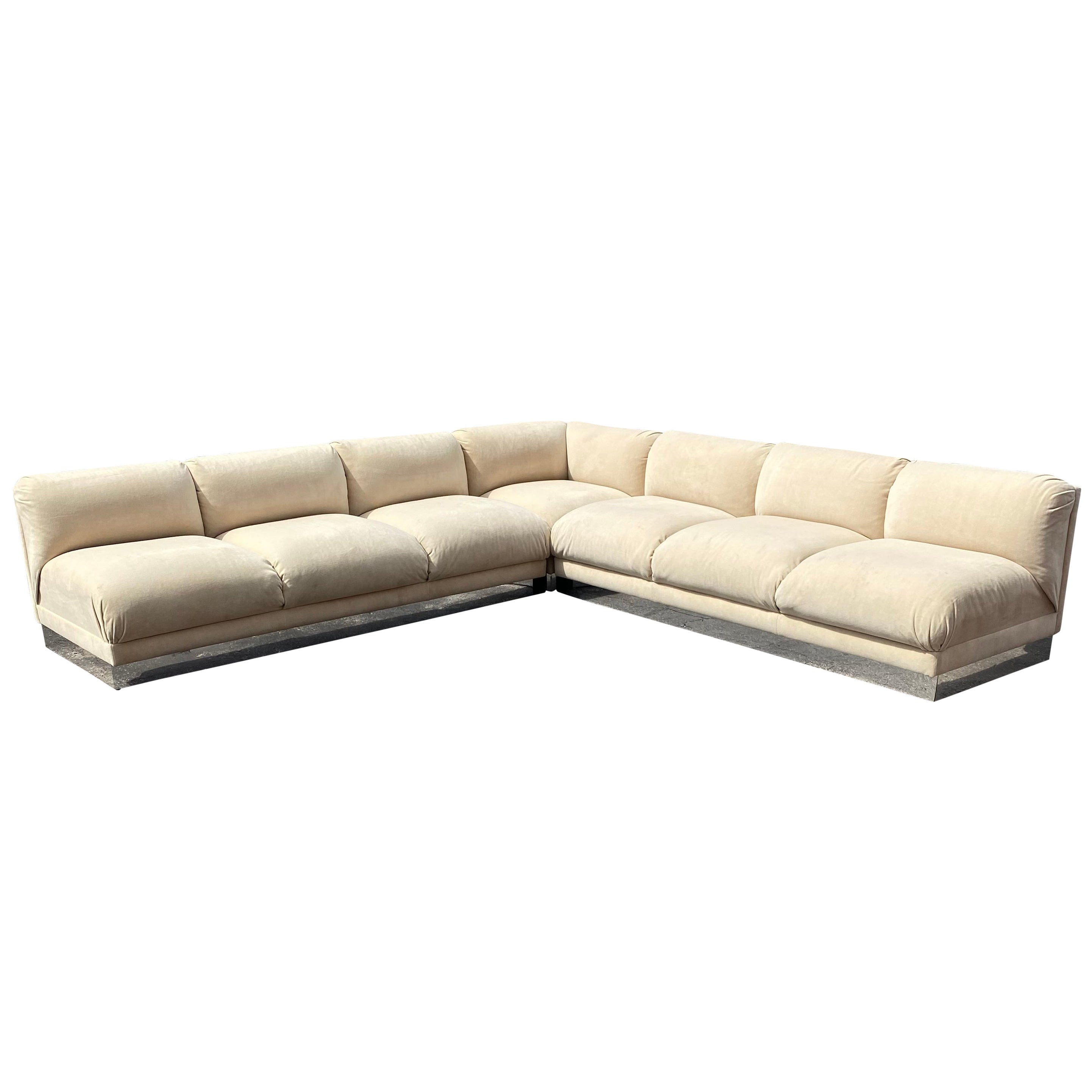 1970s Milo Baughman Light Beige Chrome Plinth Base Sectional