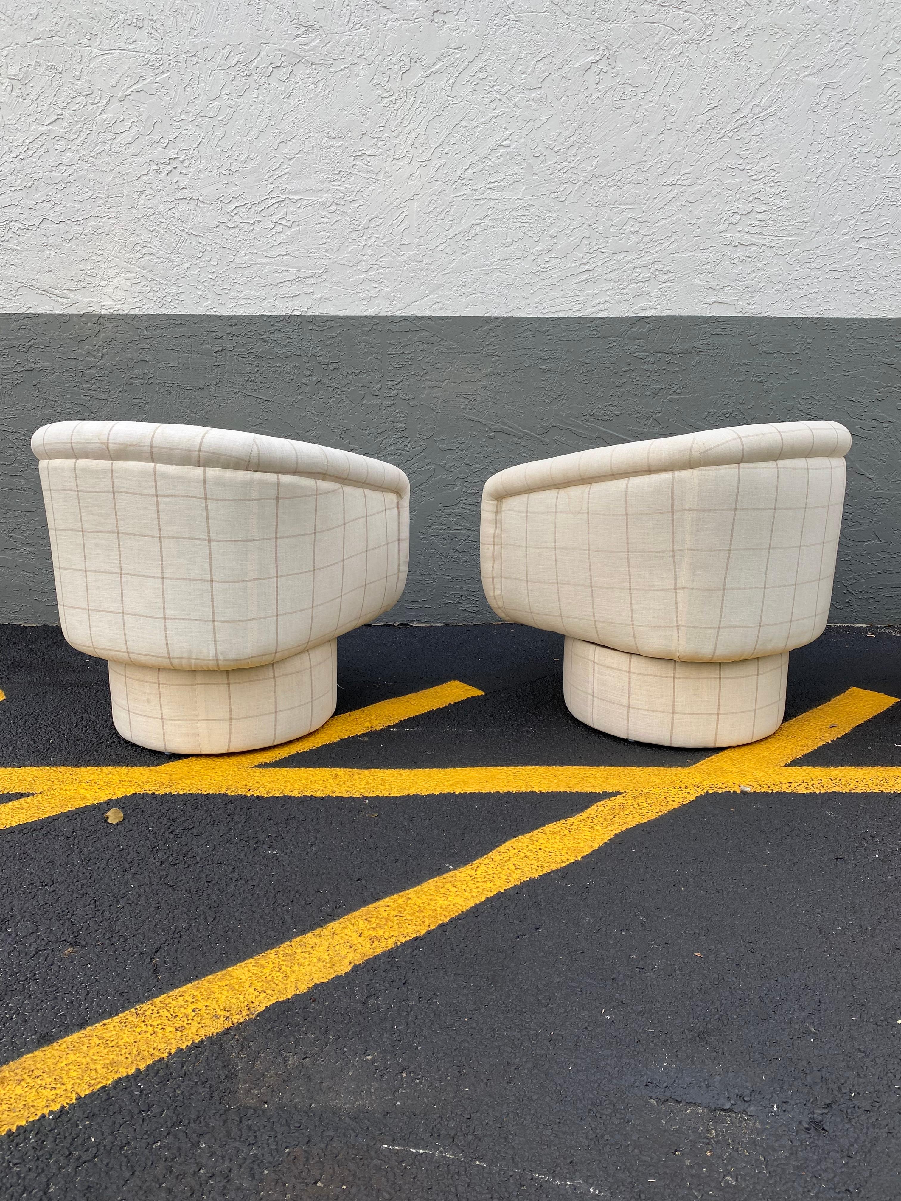 Late 20th Century 1970s Milo Baughman Linen Barrel Swivel Chairs, Set of 2