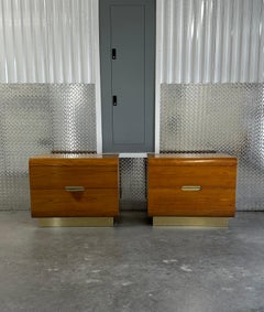 1970s Milo Baughman Oak Brass Floating Waterfall Plinth Base Nightstand Set of 2