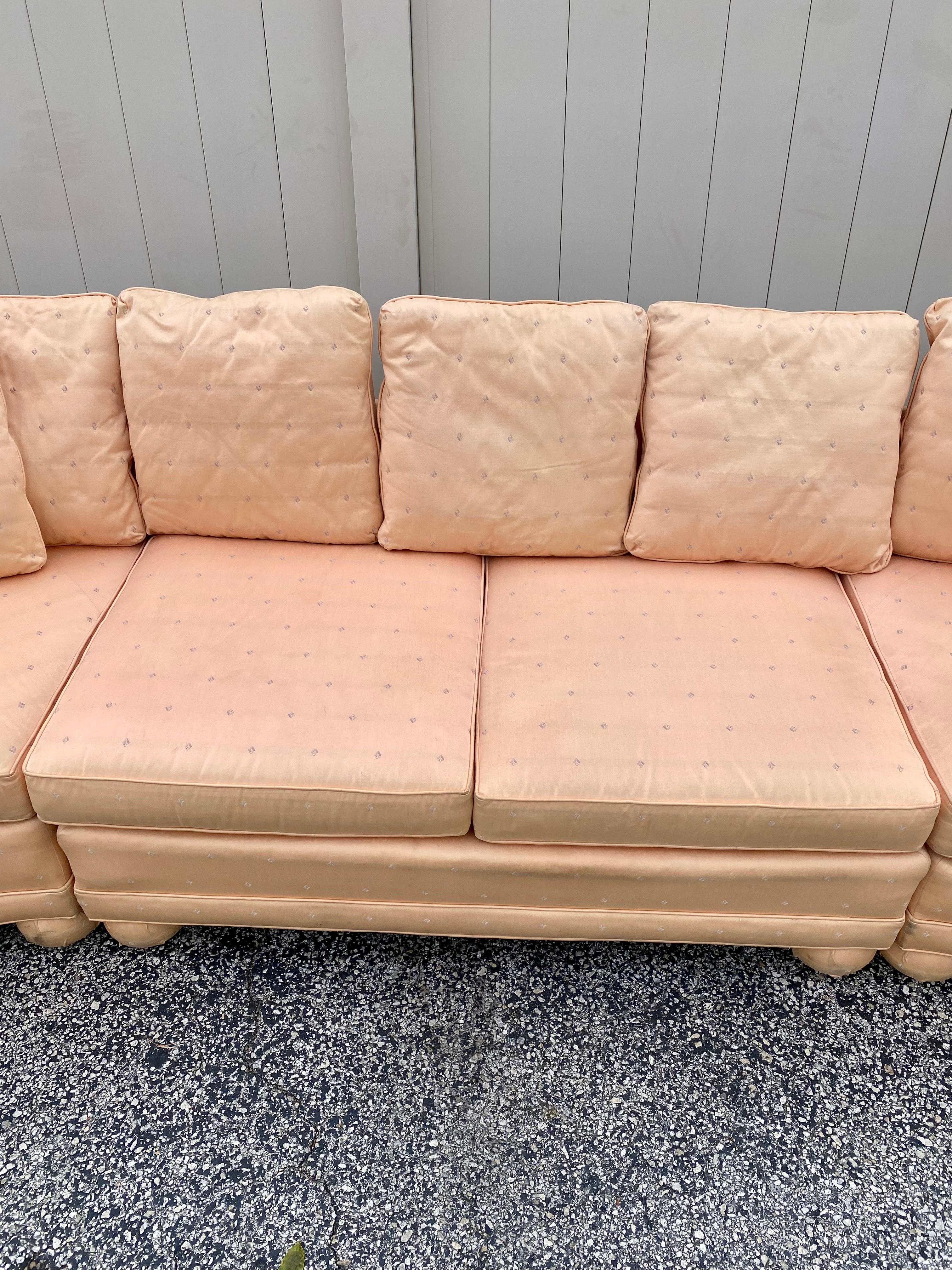 1970s Milo Baughman Salmon Satin Curved Sectional In Good Condition For Sale In Fort Lauderdale, FL