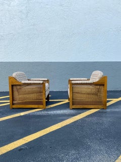 1970s Milo Baughman Rattan Caned Wood Cube Chairs, Set of 2