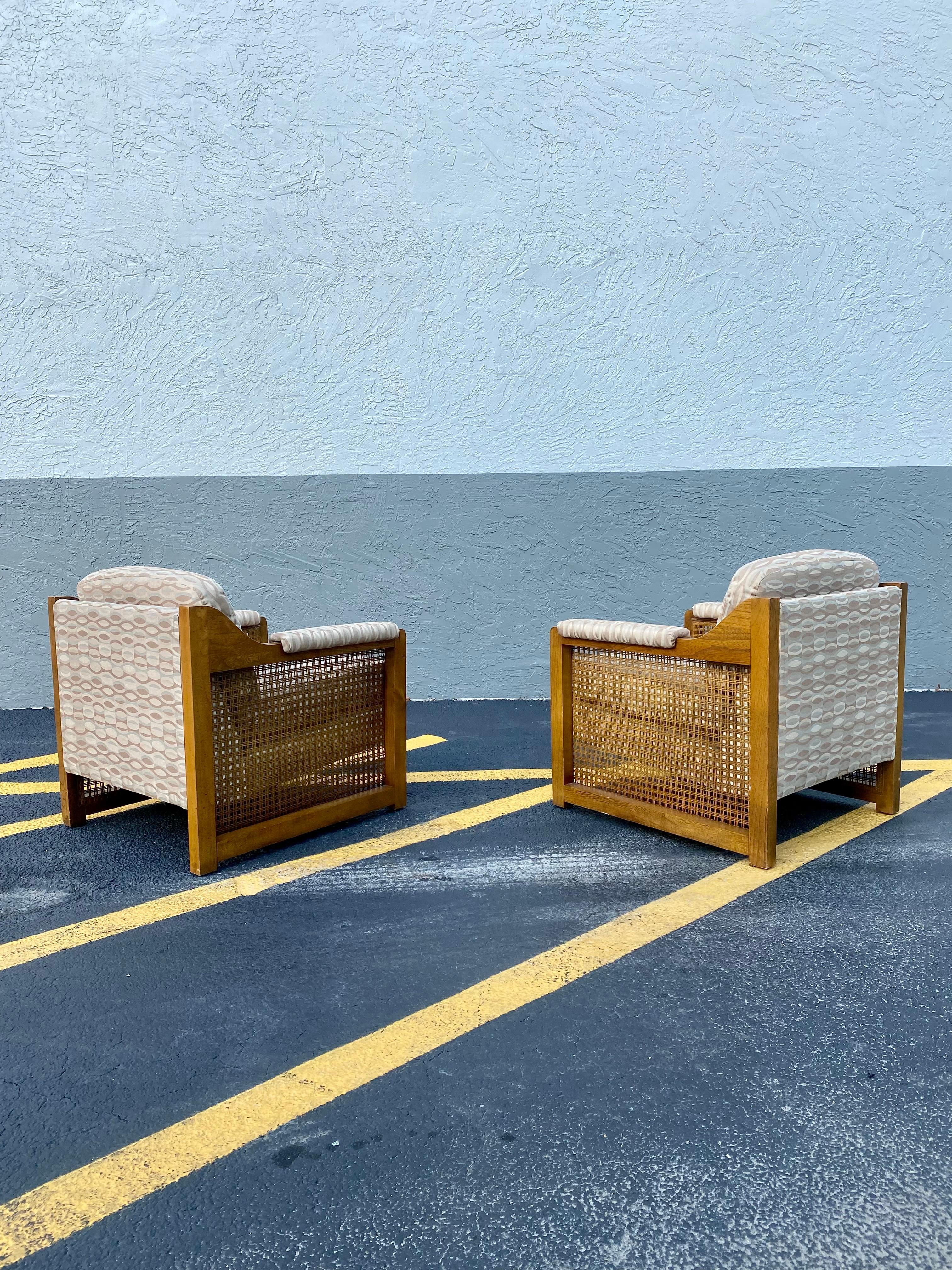 Mid-Century Modern 1970s Milo Baughman Rattan Caned Wood Cube Chairs, Set of 2 For Sale