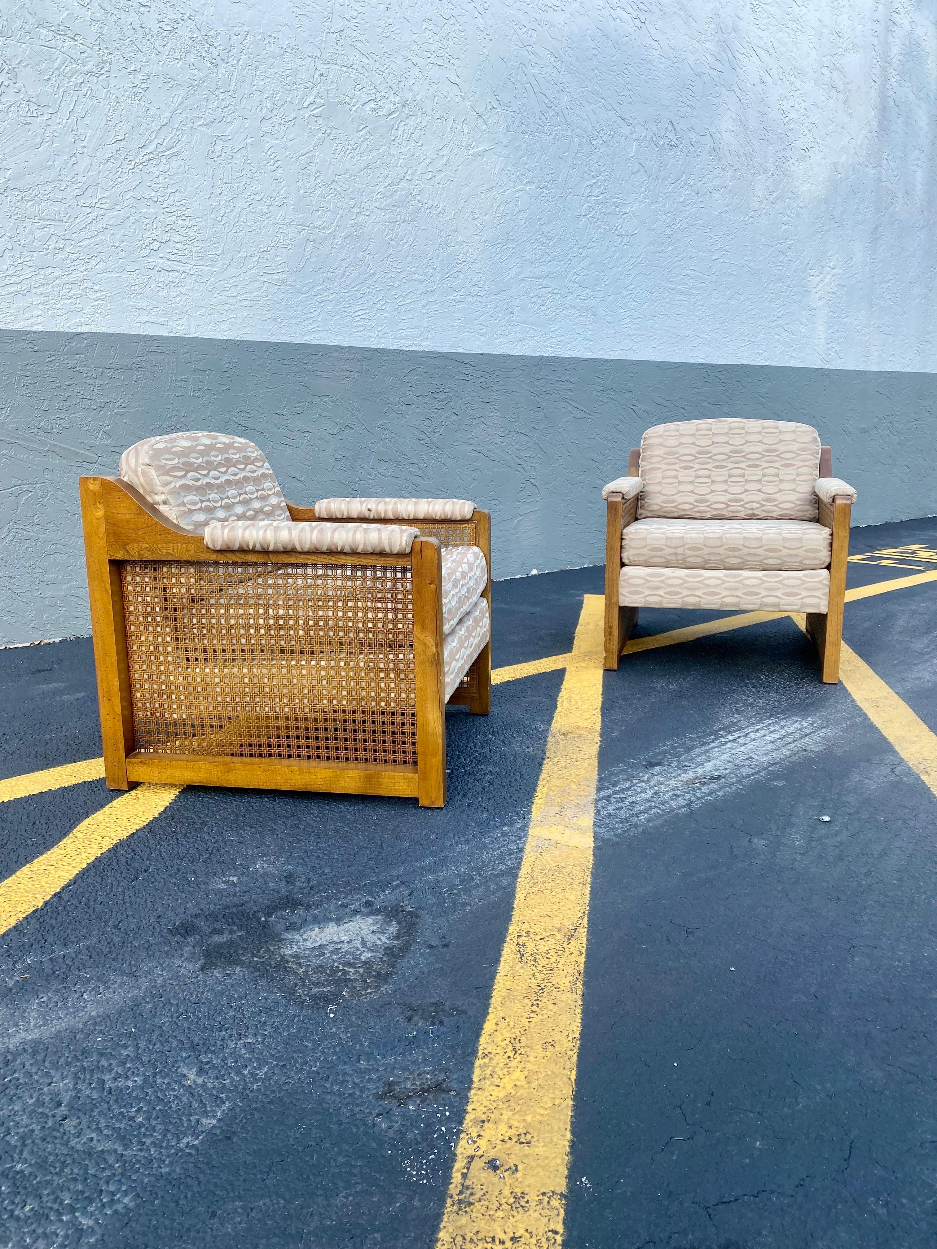 1970s Milo Baughman Rattan Caned Wood Cube Chairs, Set of 2 In Good Condition For Sale In Fort Lauderdale, FL