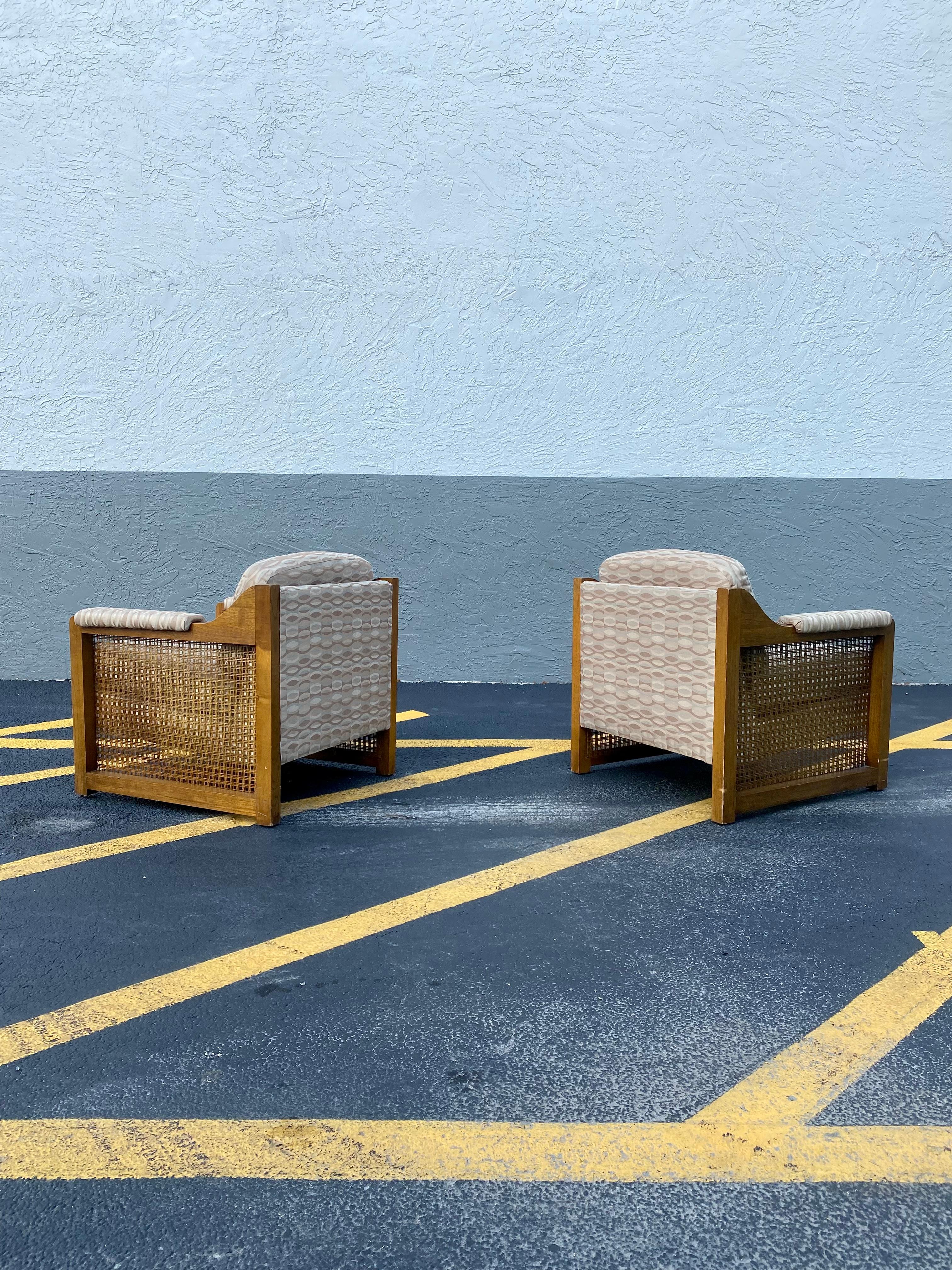 Late 20th Century 1970s Milo Baughman Rattan Caned Wood Cube Chairs, Set of 2 For Sale