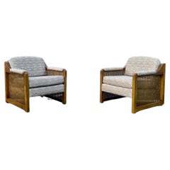 Retro 1970s Milo Baughman Rattan Caned Wood Cube Chairs, Set of 2