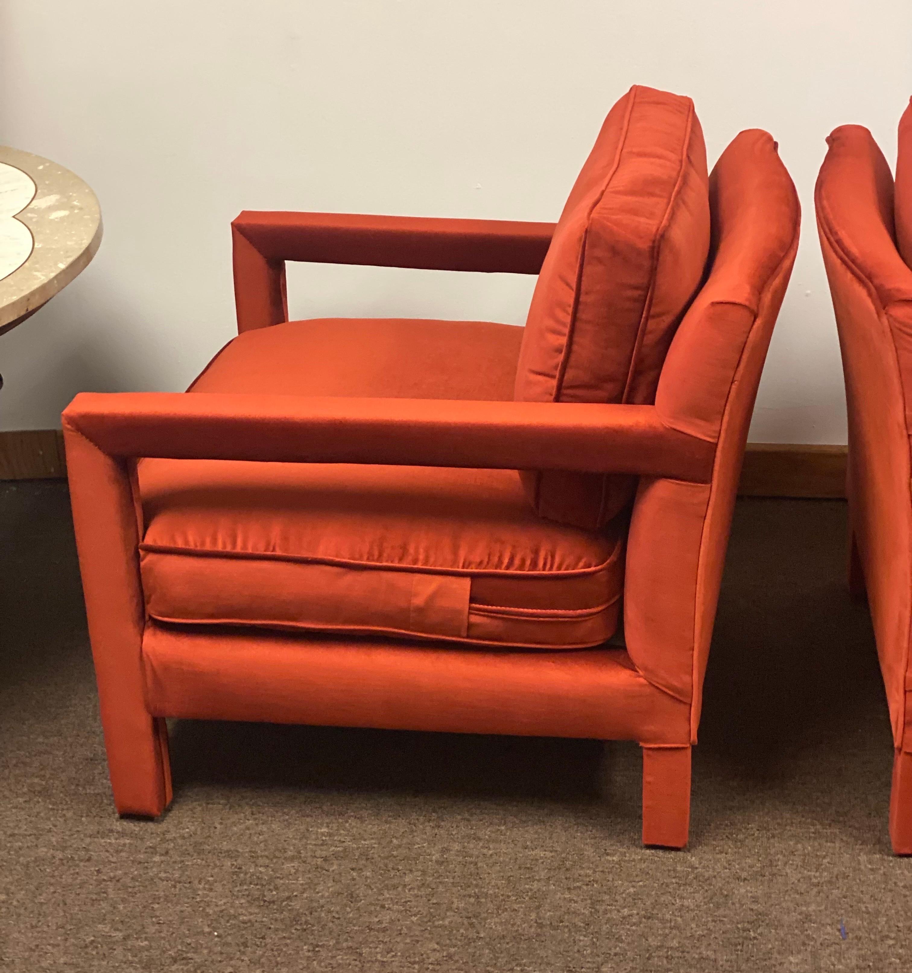 Fabric 1970s Milo Baughman Red Parsons Armchairs, a Pair
