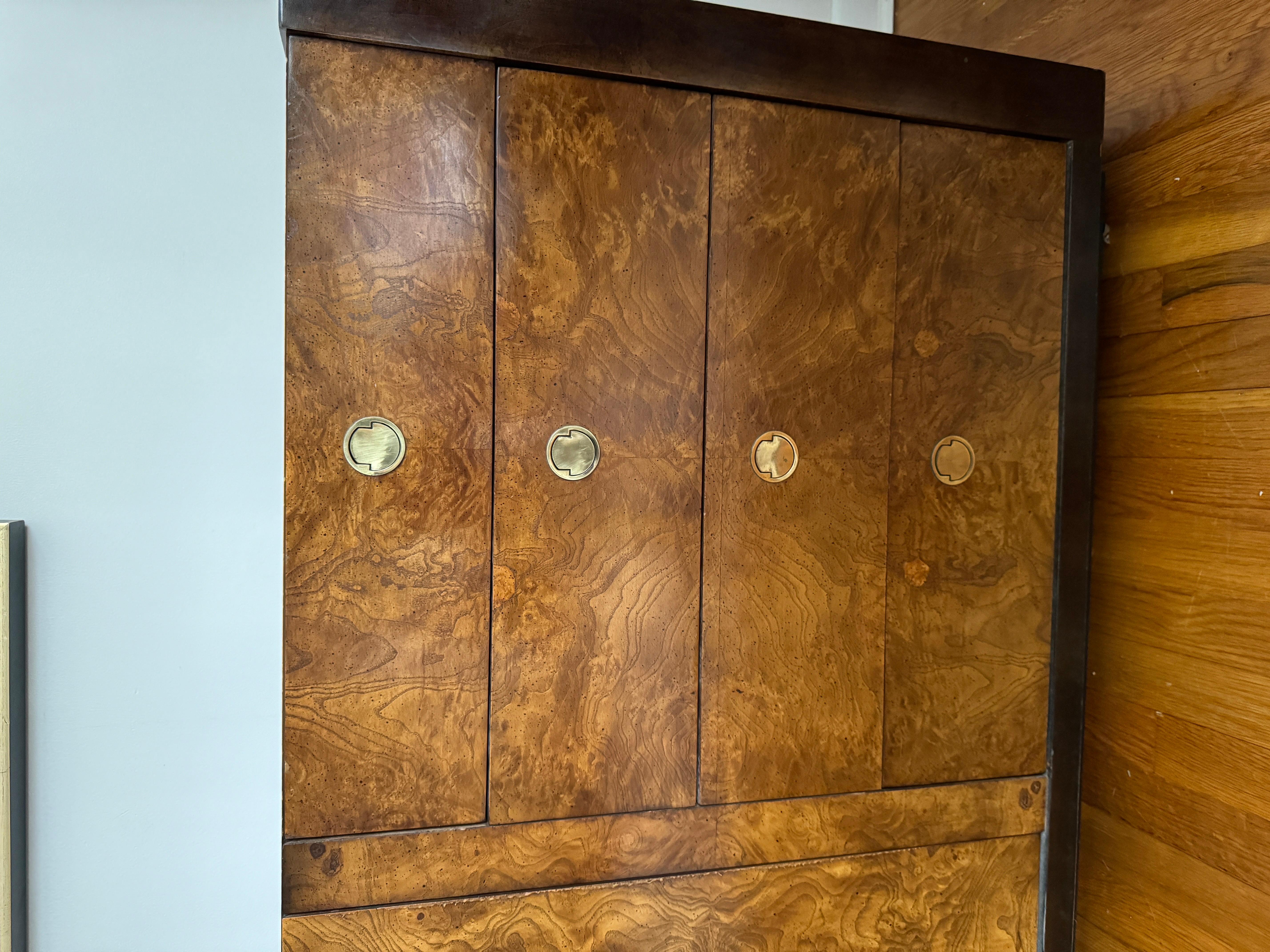 1970s Milo Baughman Style Burl Wood Brass Accent Dresser by Century Furniture For Sale 1