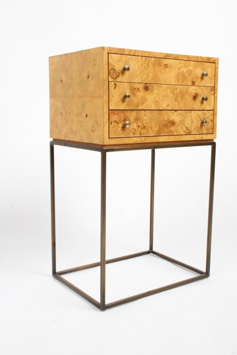 American 1970s Milo Baughman Style Burled Elm on Brass Base Jewelry Chest or End Table For Sale