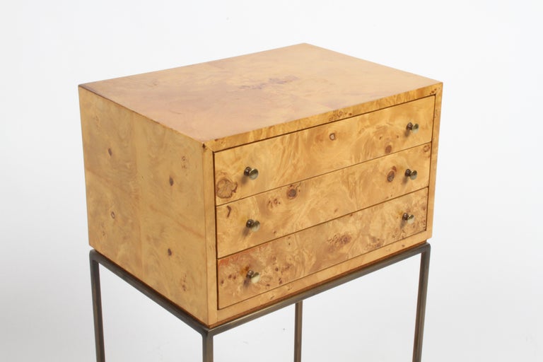 Late 20th Century 1970s Milo Baughman Style Burled Elm on Brass Base Jewelry Chest or End Table For Sale