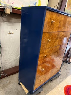1970s Milo Baughman Style Burlwood Front and Blue Lacquered Tall Chest