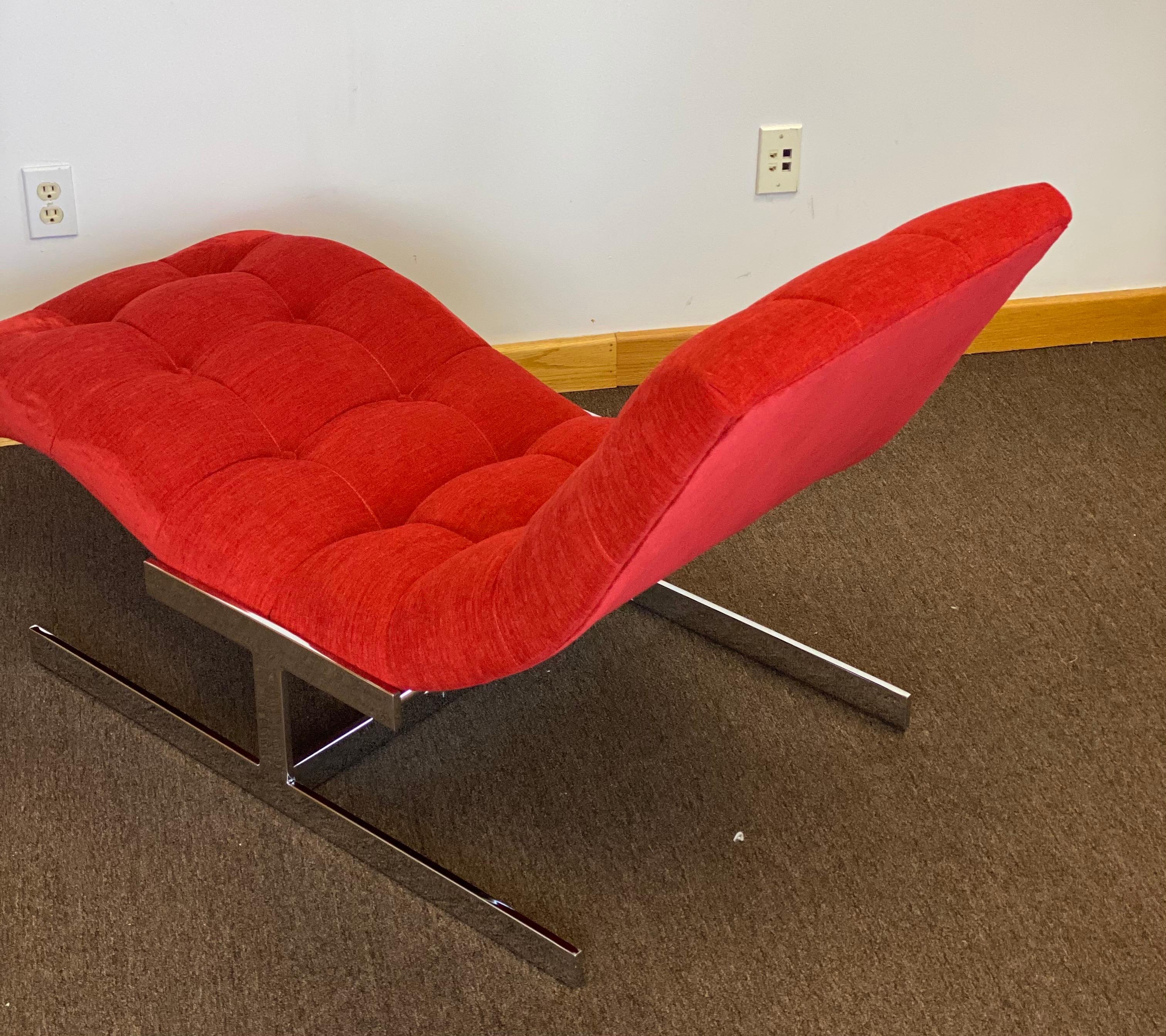 Mid-Century Modern 1970s Milo Baughman Style Chrome Red Wave Chaise