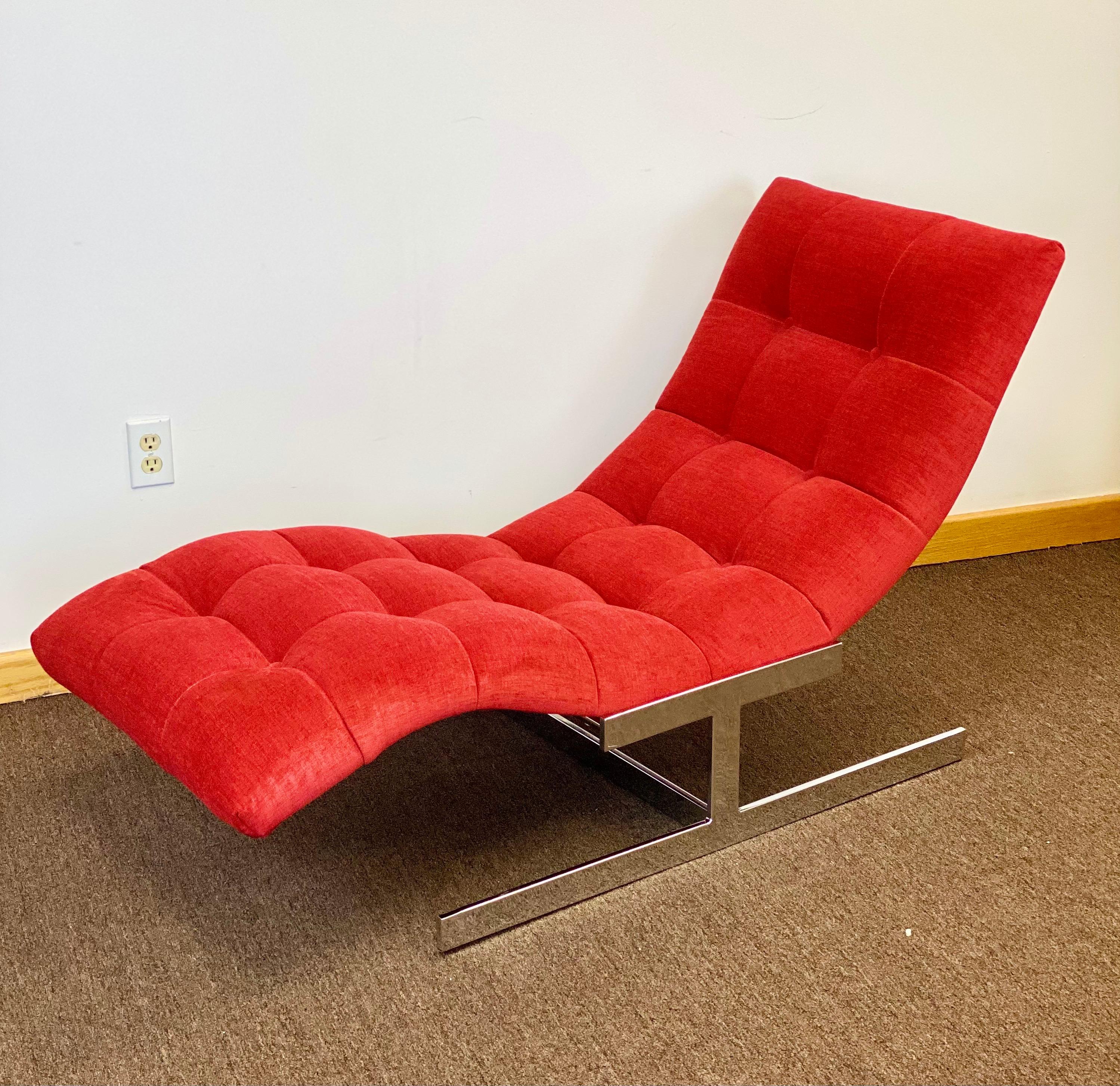 1970s Milo Baughman Style Chrome Red Wave Chaise In Excellent Condition In Farmington Hills, MI