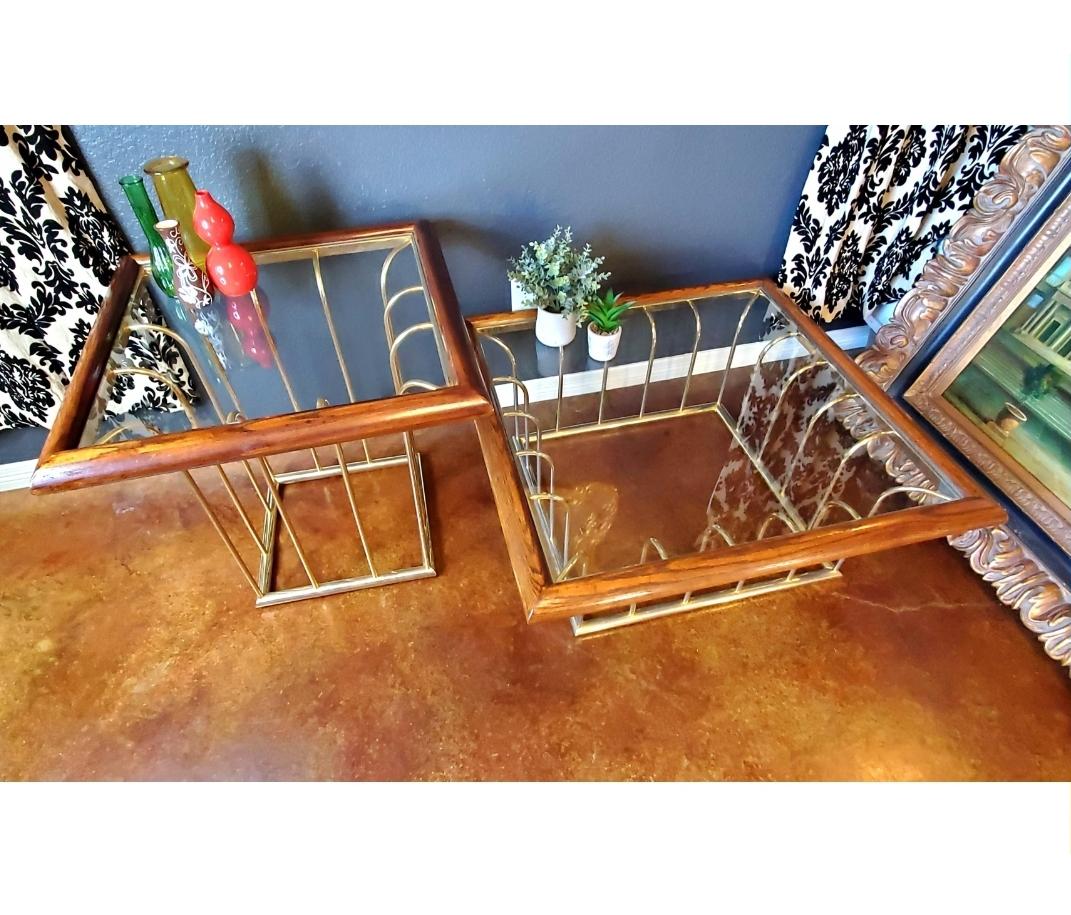 1970s Milo Baughman Style Gold, Glass and Wood Coffee Table For Sale 3