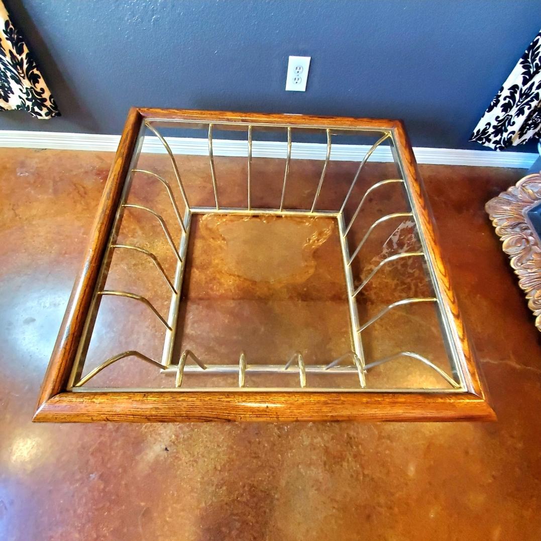 1970s Milo Baughman Style Gold, Glass and Wood Coffee Table For Sale 4