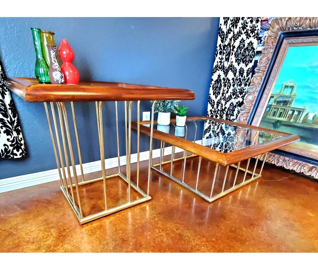 1970s Milo Baughman Style Gold, Glass and Wood Coffee Table For Sale 2