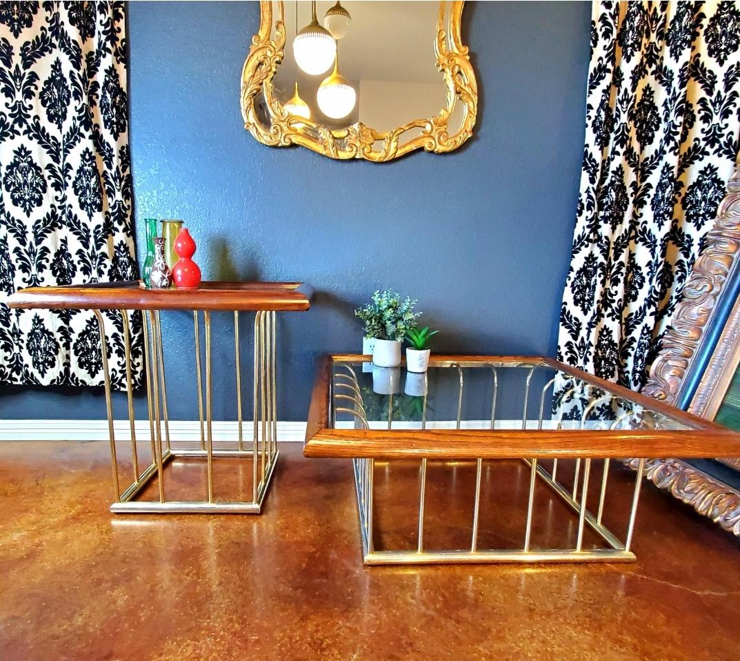 Mid-Century Modern 1970s Milo Baughman Style Gold, Glass and Wood End Table For Sale
