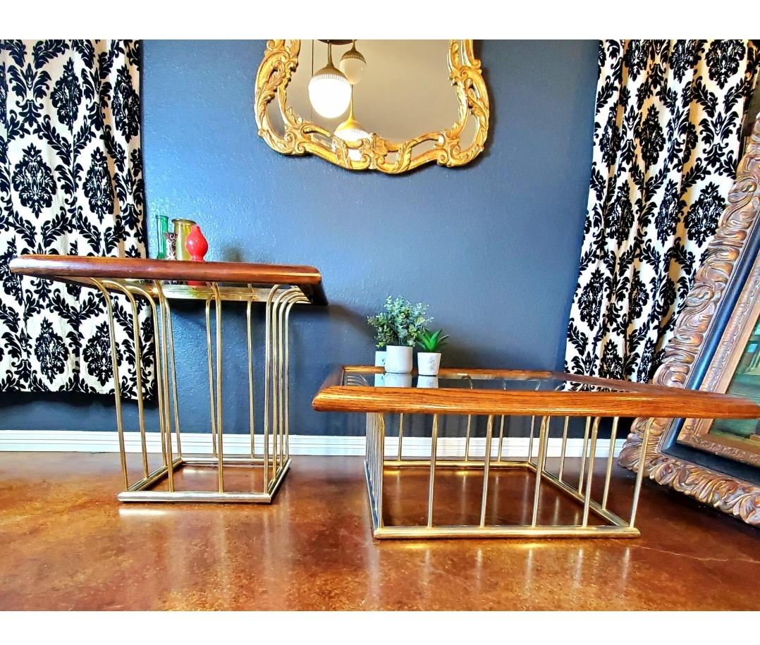 1970s Milo Baughman Style Gold, Glass and Wood End Table In Good Condition For Sale In Waxahachie, TX