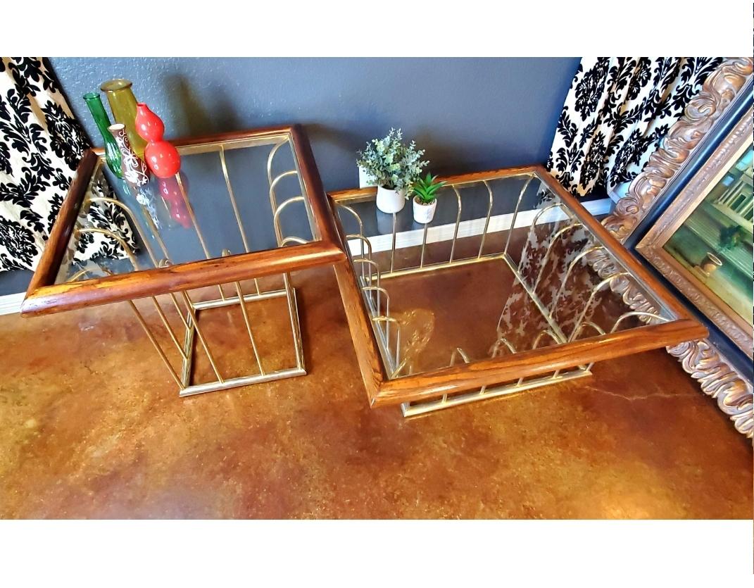 Late 20th Century 1970s Milo Baughman Style Gold, Glass and Wood End Table For Sale