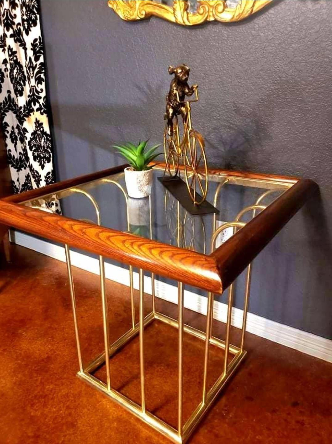 Brass 1970s Milo Baughman Style Gold, Glass and Wood End Table For Sale