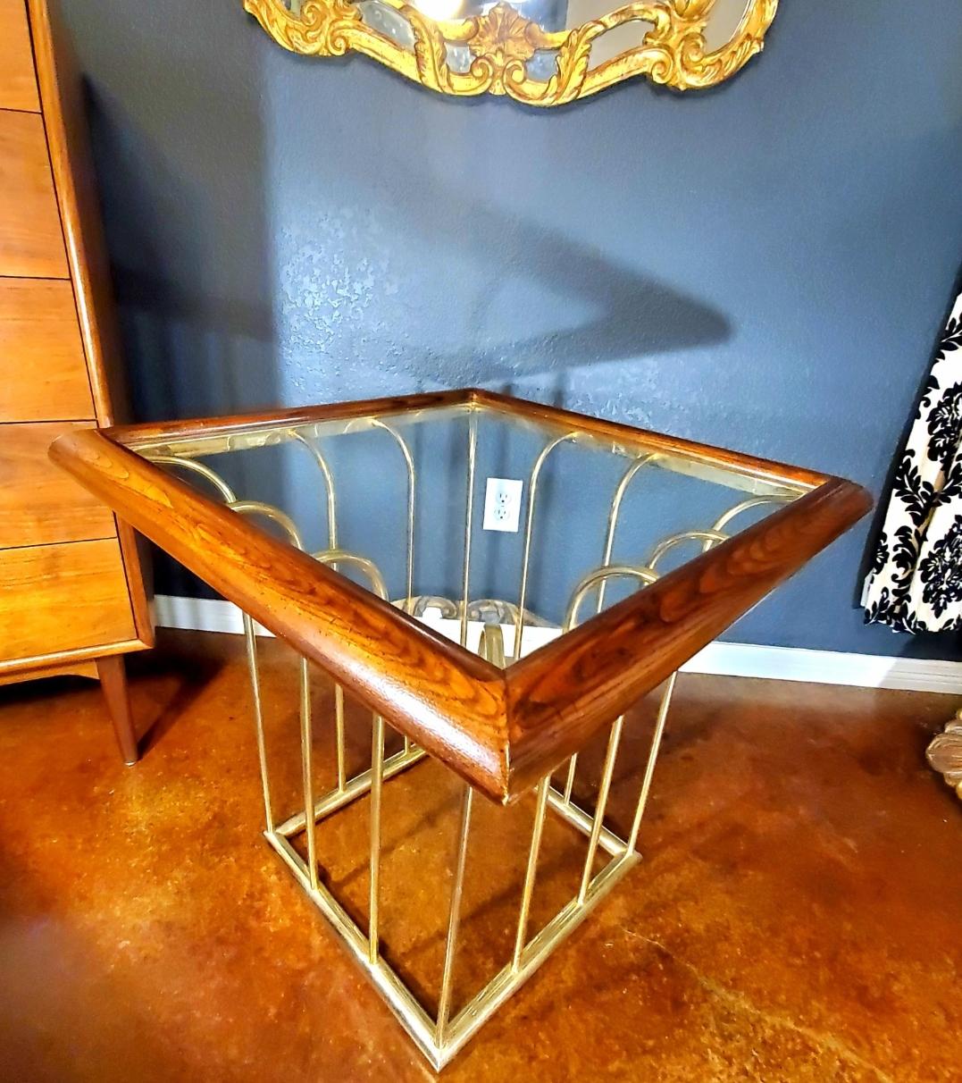 1970s Milo Baughman Style Gold, Glass and Wood End Table For Sale 2