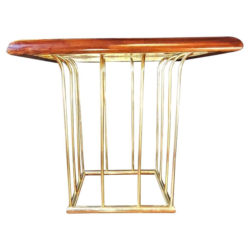 1970s Milo Baughman Style Gold, Glass and Wood End Table For Sale