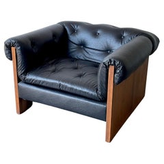 1970's Milo Baughman Style Mid-Century Walnut Tuft Case/ Club Lounge Chair