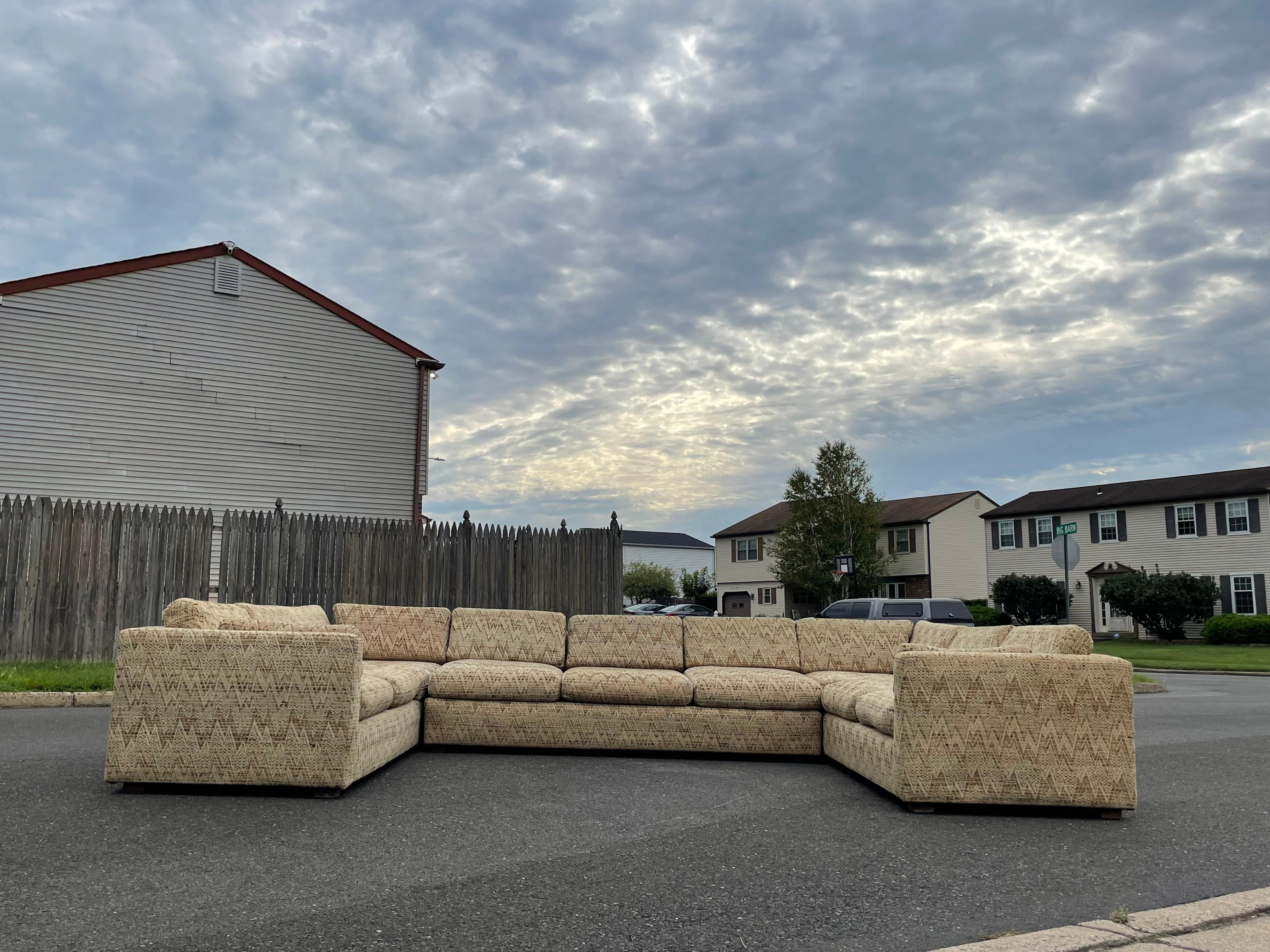 Amazing 3 piece pit sofa in the manner of Milo Baughman with Jack Lenor Larsen wool upholstery 