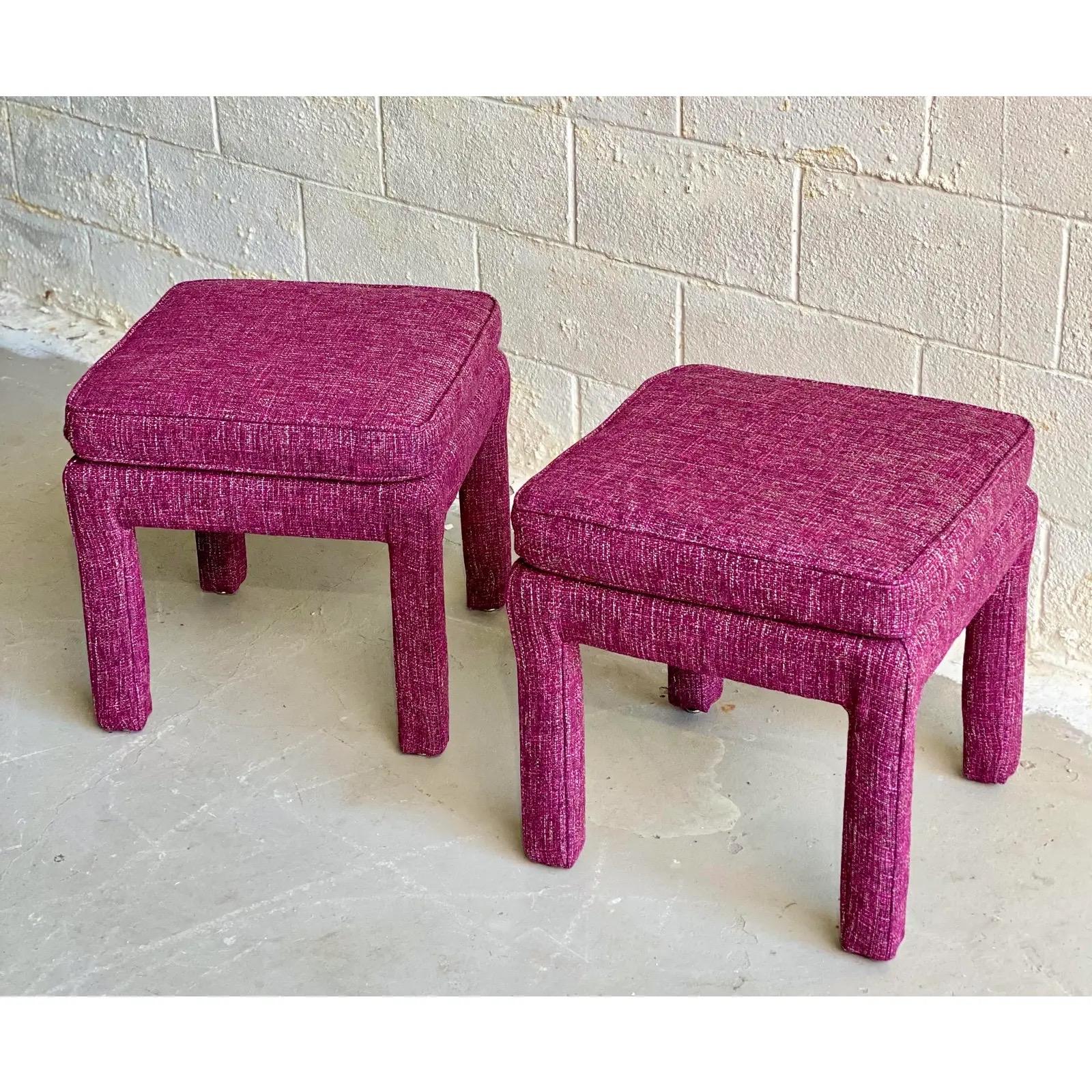 1970s Milo Baughman Style Parsons Magenta Tweed Ottomans, a Pair 4