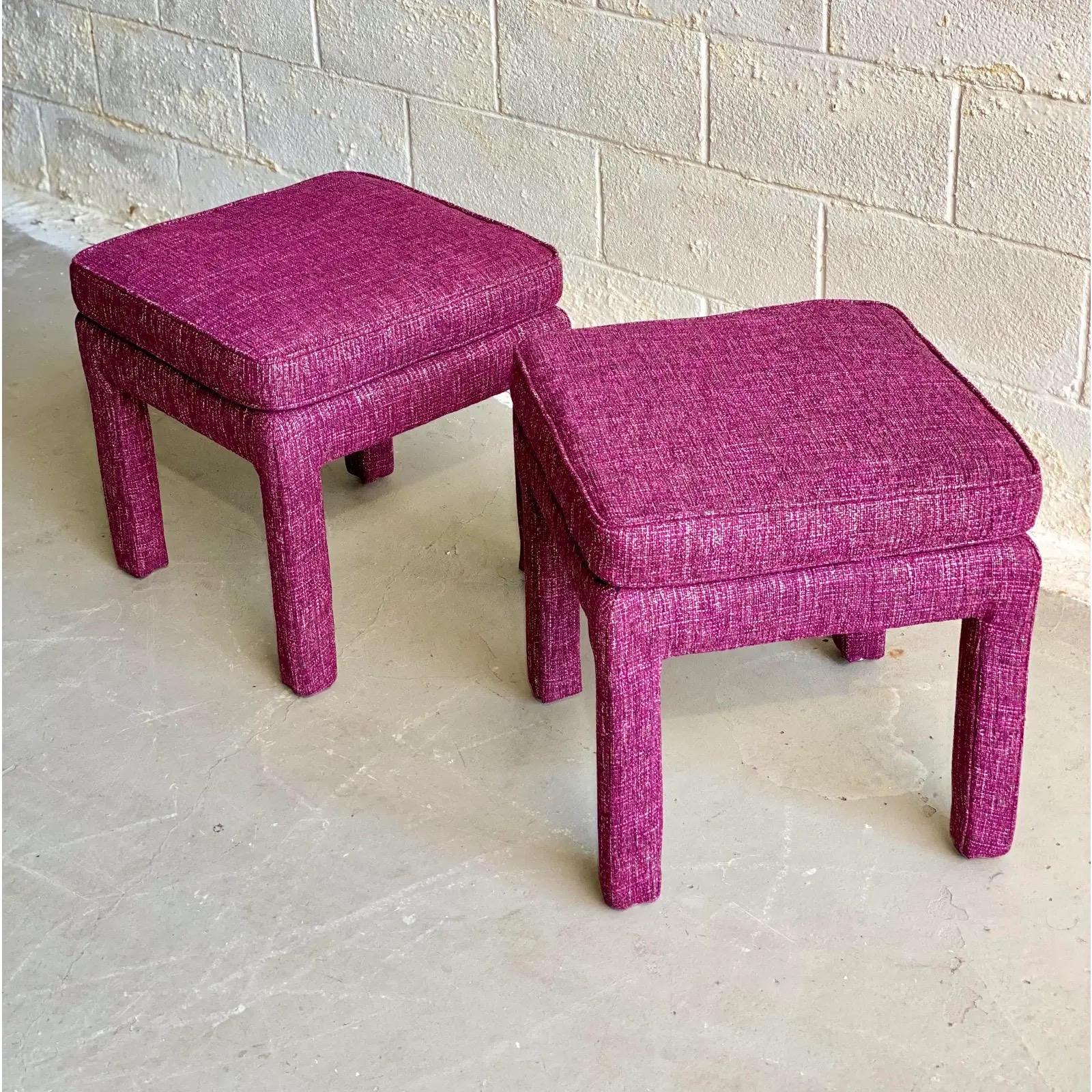 North American 1970s Milo Baughman Style Parsons Magenta Tweed Ottomans, a Pair