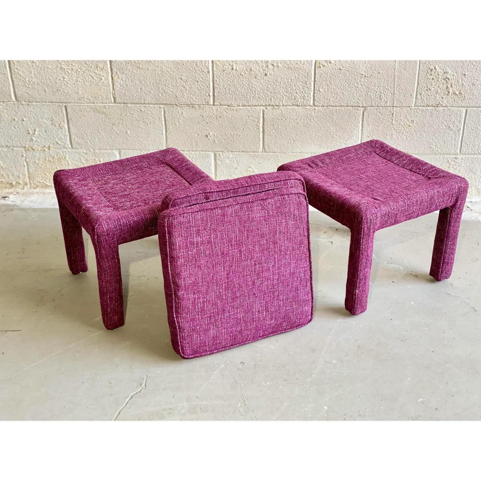 Fabric 1970s Milo Baughman Style Parsons Magenta Tweed Ottomans, a Pair