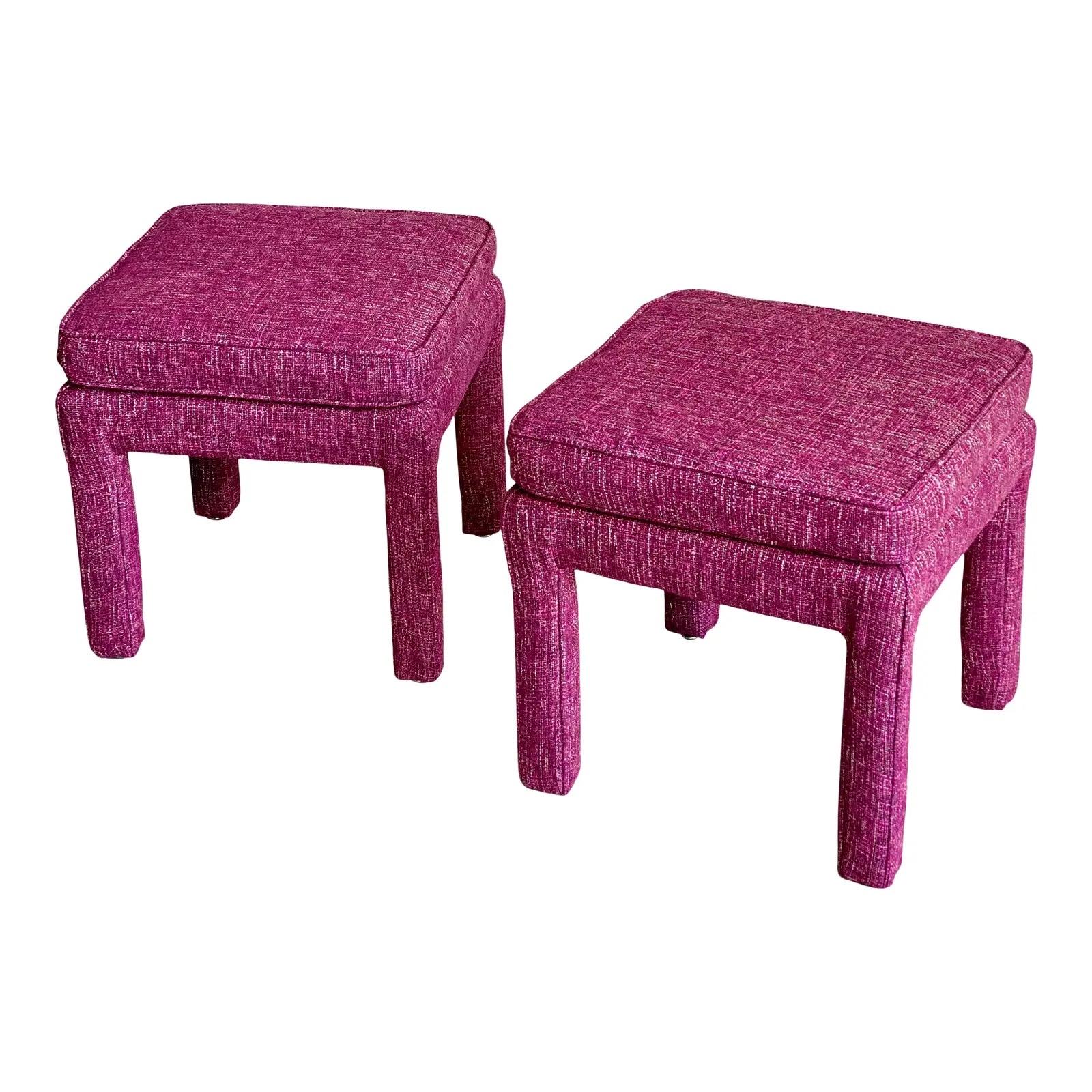 1970s Milo Baughman Style Parsons Magenta Tweed Ottomans, a Pair