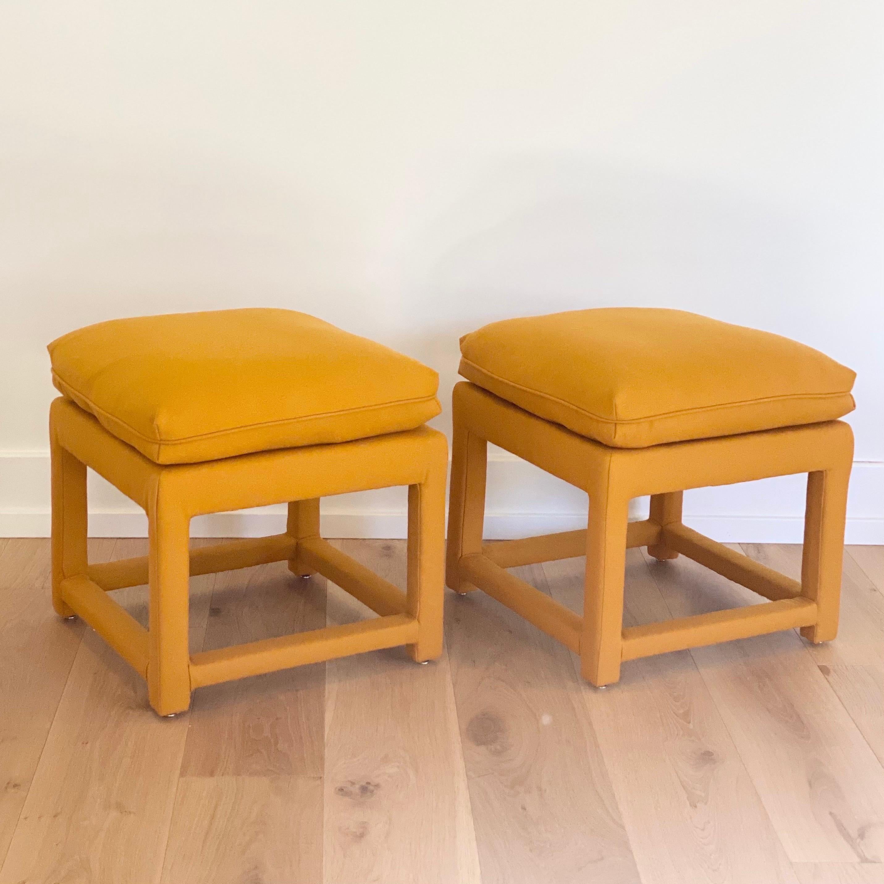 Late 20th Century 1970s Milo Baughman Style Parsons Mustard Wool Square Ottomans, a Pair