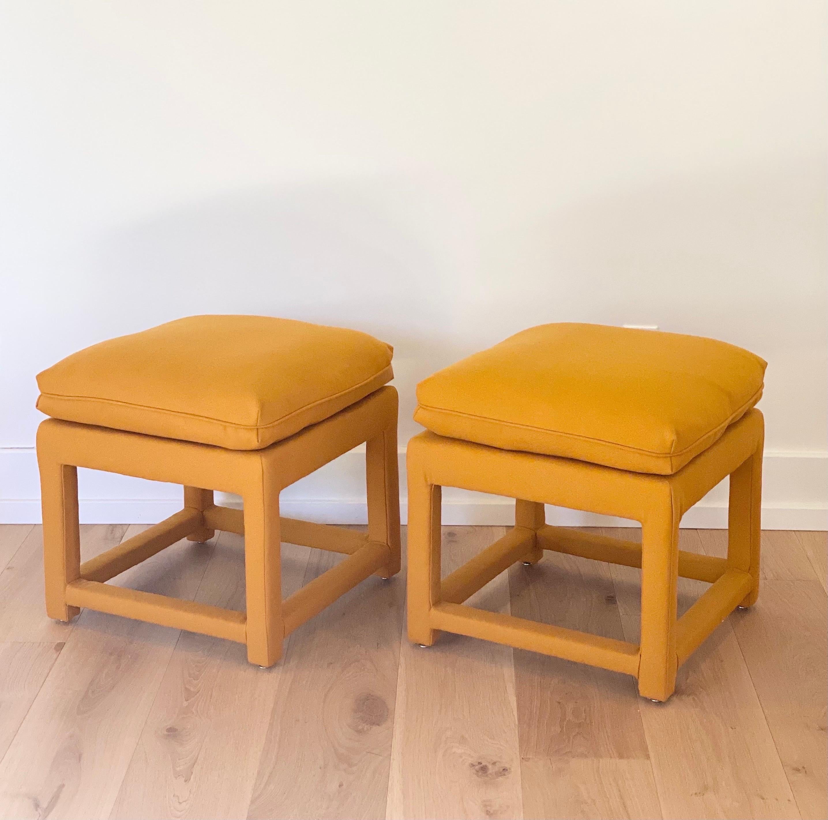 1970s Milo Baughman Style Parsons Mustard Wool Square Ottomans, a Pair 1
