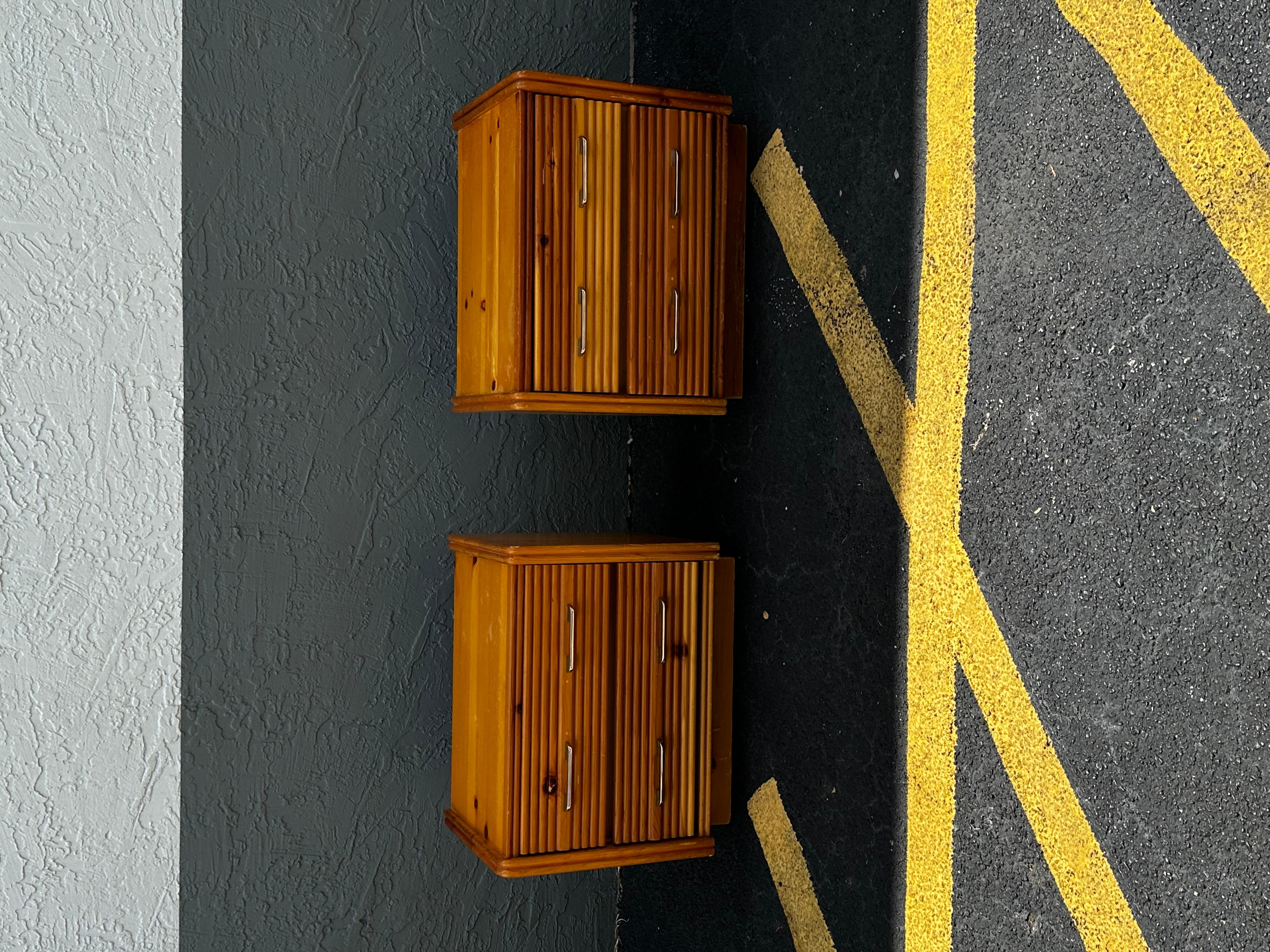 Mid-Century Modern 1970s Milo Baughman Style Plinth Wood Chrome Nightstands, Set of 2 For Sale
