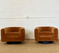 1970s Milo Baughman Style Reupholstered Ochre Barrel Back Swivel Chairs - a Set