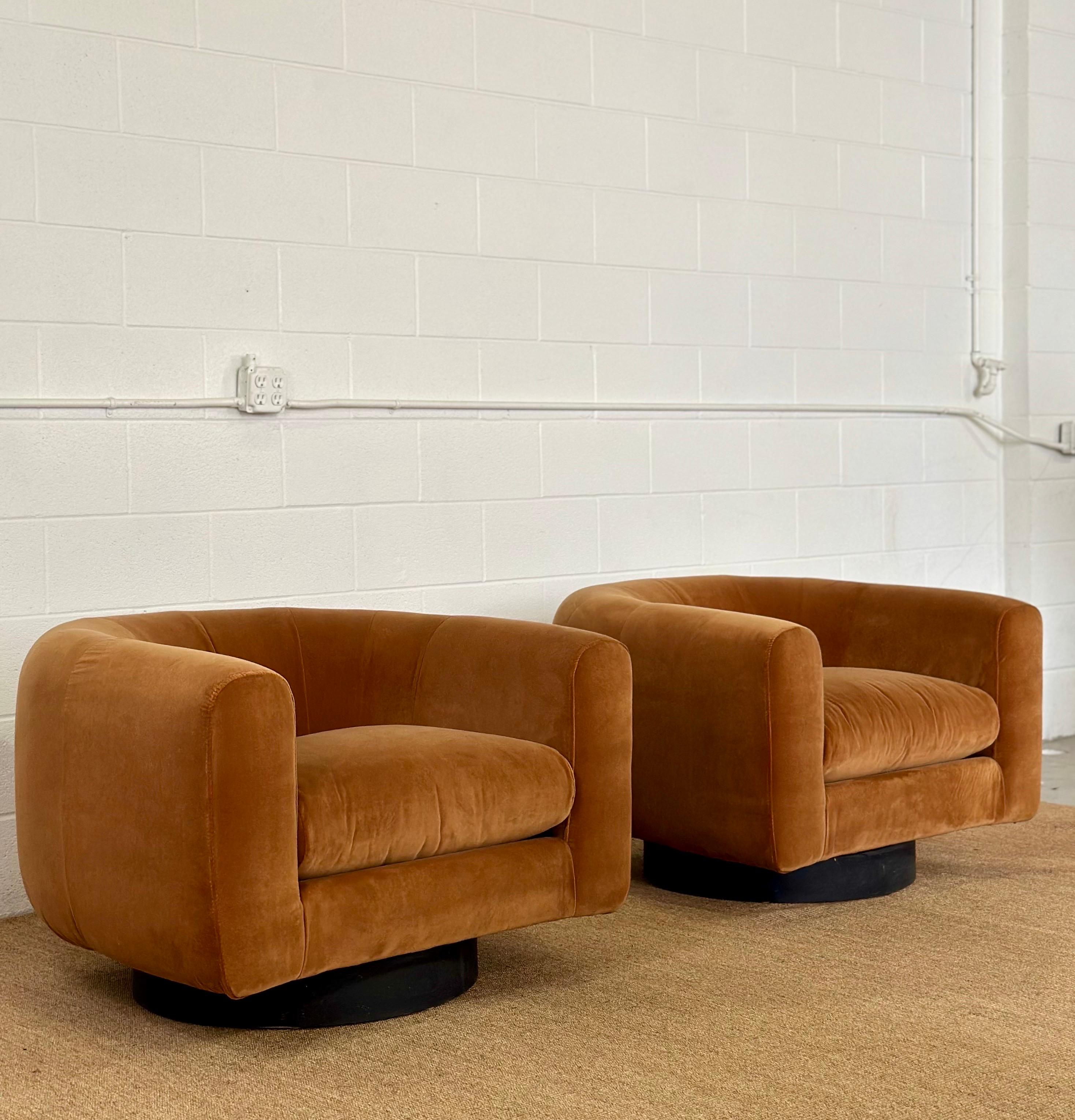American 1970s Milo Baughman Style Reupholstered Ochre Barrel Back Swivel Chairs - a Set