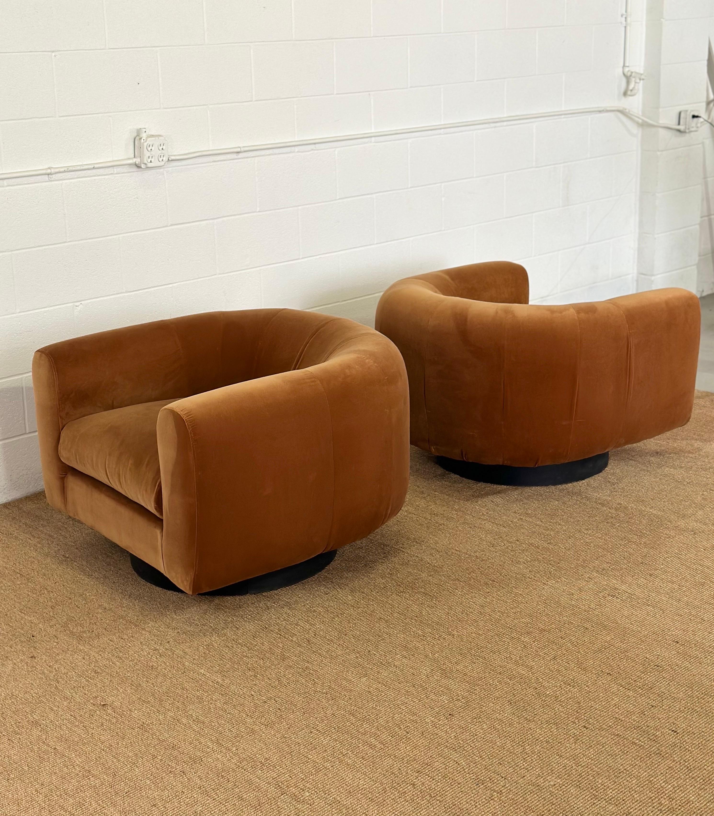 Late 20th Century 1970s Milo Baughman Style Reupholstered Ochre Barrel Back Swivel Chairs - a Set