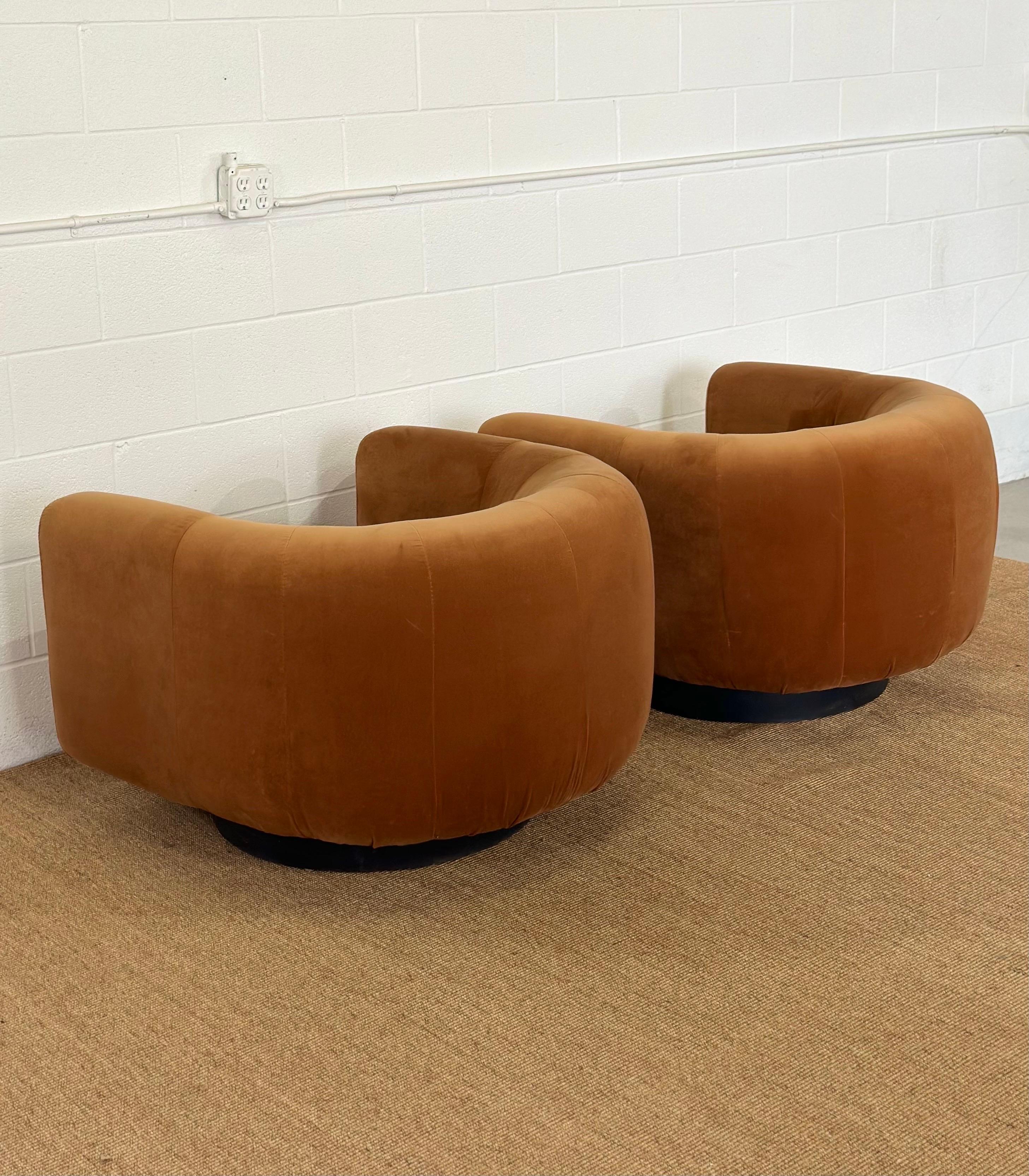 1970s Milo Baughman Style Reupholstered Ochre Barrel Back Swivel Chairs - a Set For Sale 1