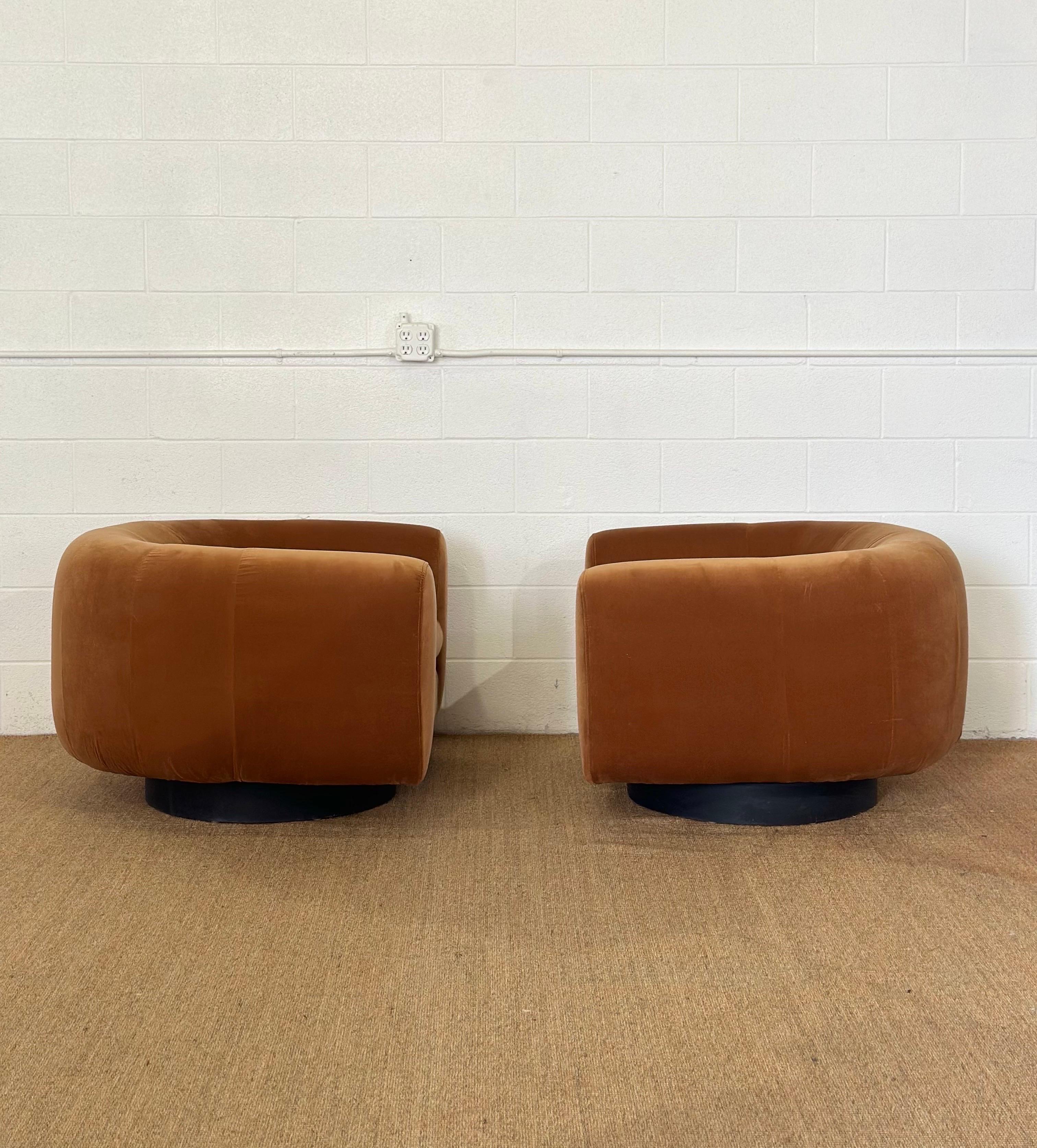 1970s Milo Baughman Style Reupholstered Ochre Barrel Back Swivel Chairs - a Set For Sale 2
