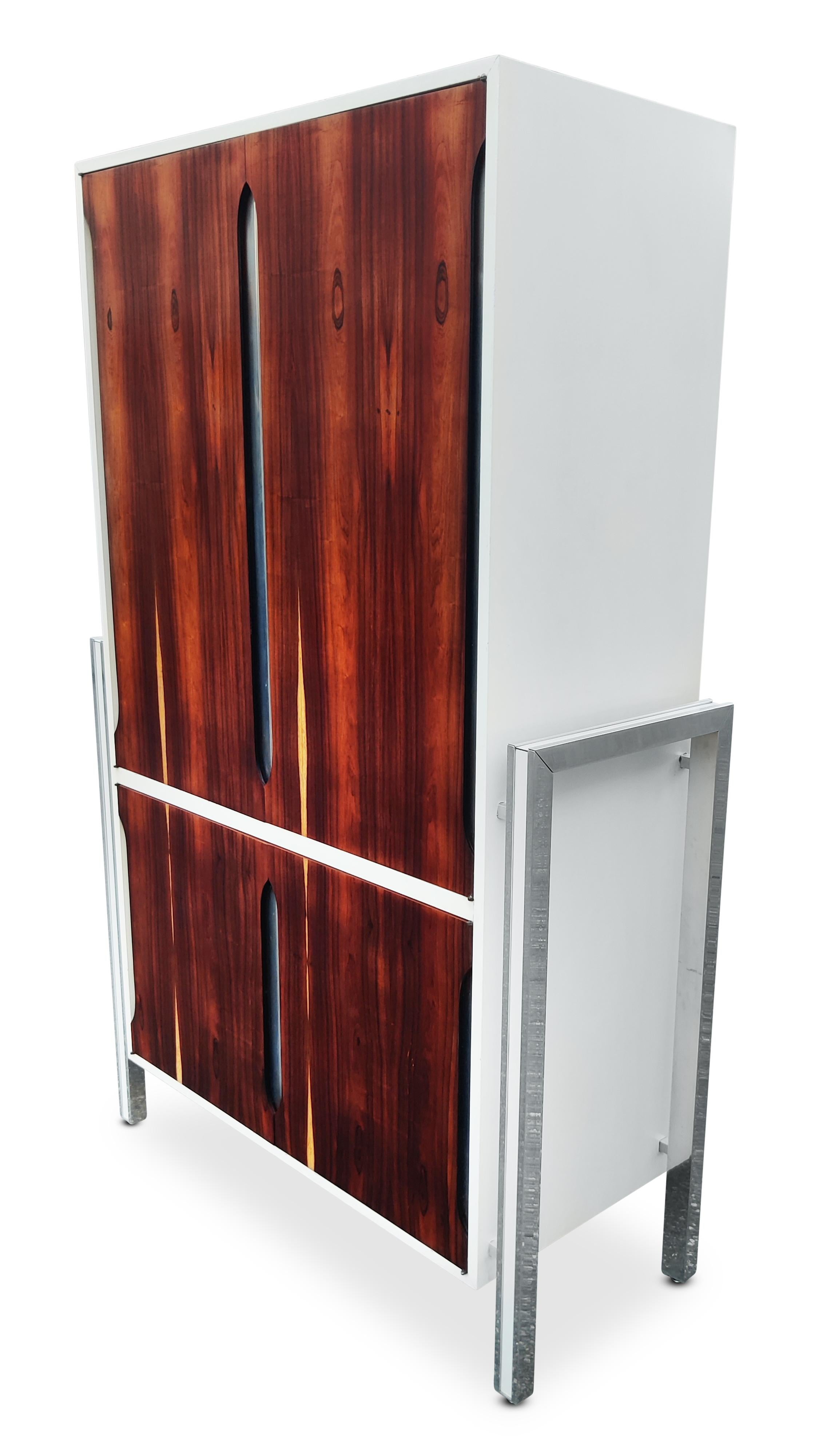 Mid-Century Modern 1970s Milo Baughman Style Rosewood, Laminate, and Aluminum Tall Dresser/Cabinet For Sale